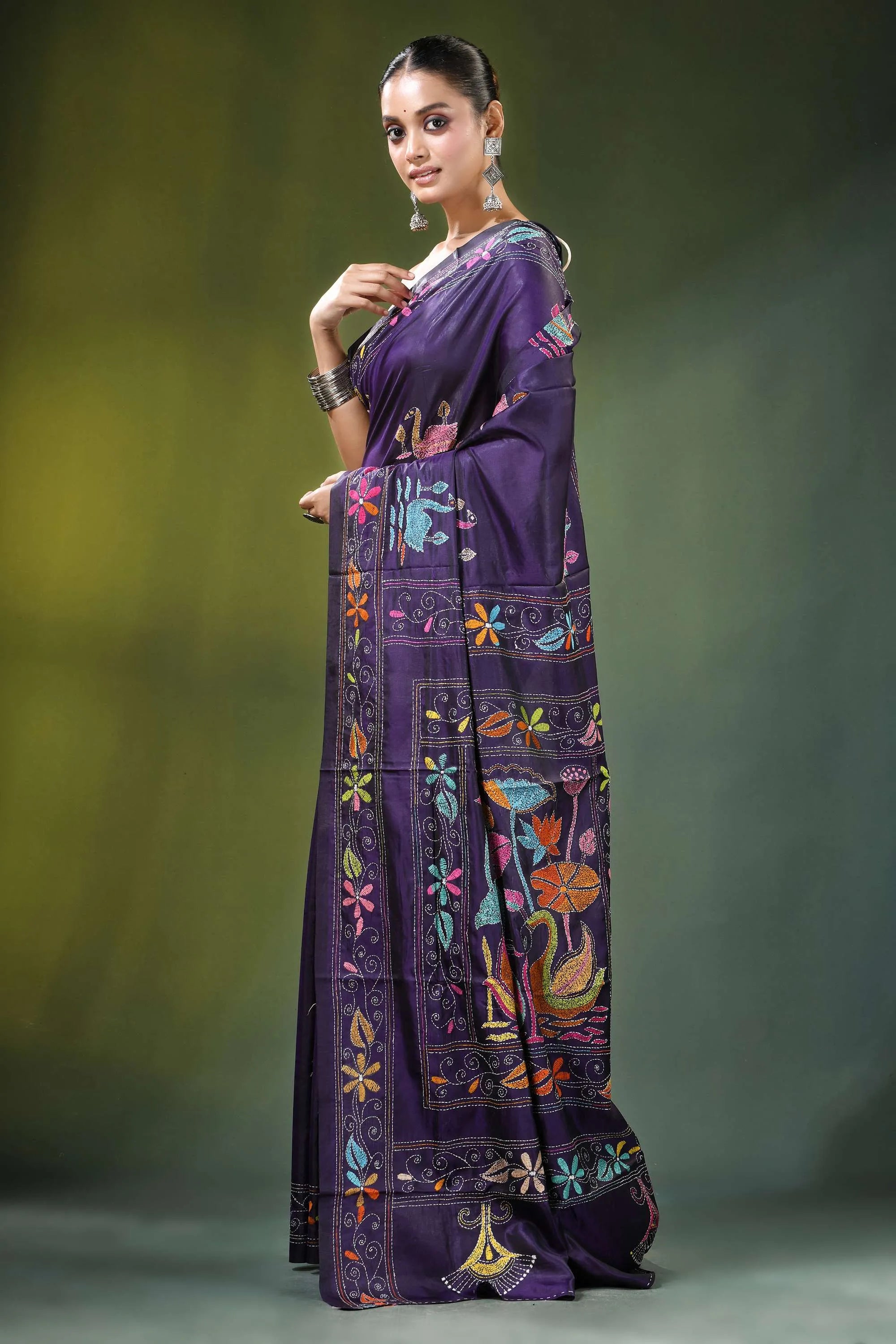 Deep purple swan motif hand embroidered silk kantha saree rich adorned 3