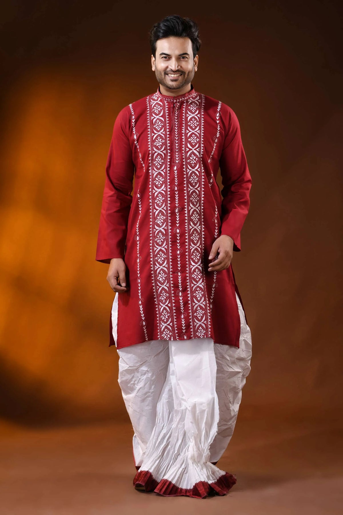 Deep red cotton kantha punjabi for men with white geometric embroidery 4