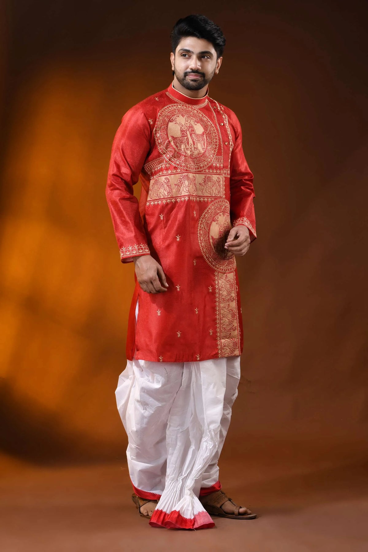 Deep red silk embroidery punjabi for men with horse ethnic motifs 4