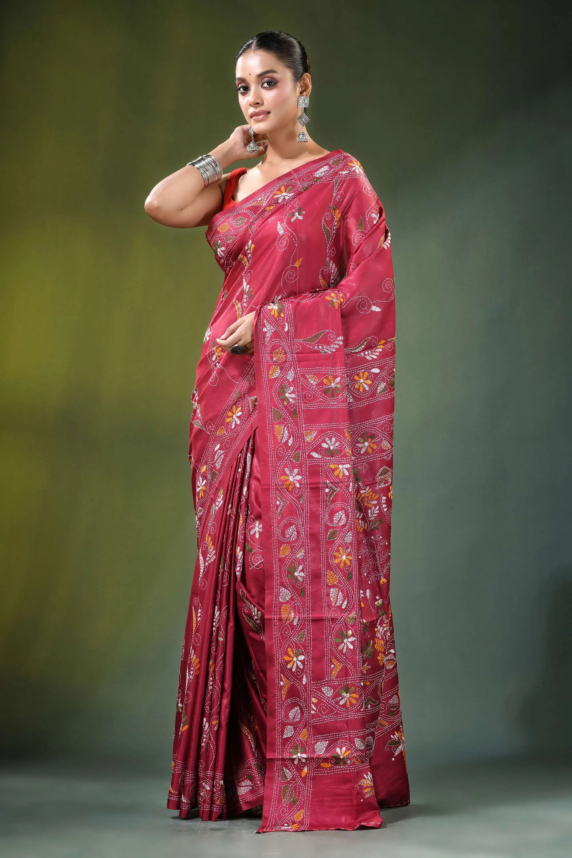 Deep rose village theme hand embroidered silk kantha saree rich maroon adorned 6