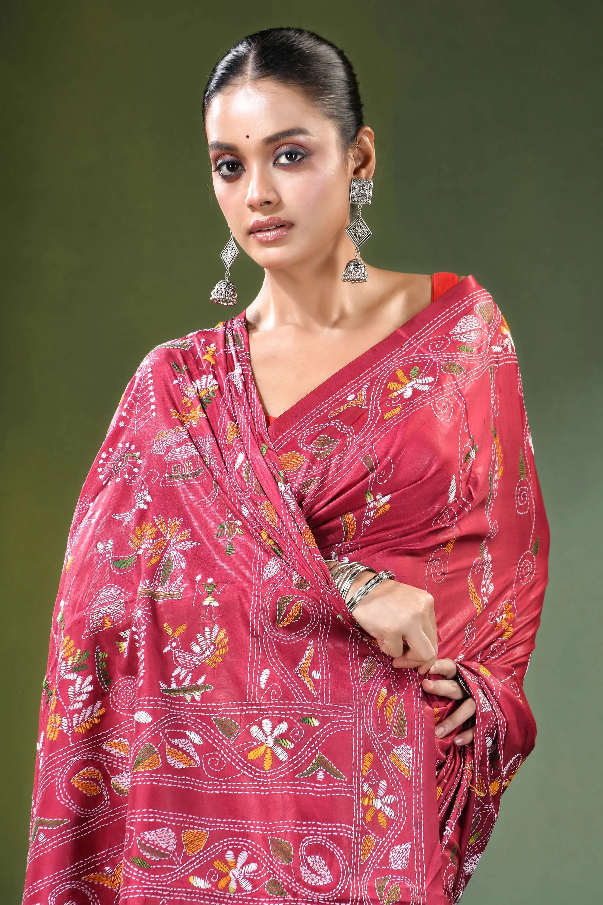 Deep rose village theme hand embroidered silk kantha saree vibrant red adorned intricate 2