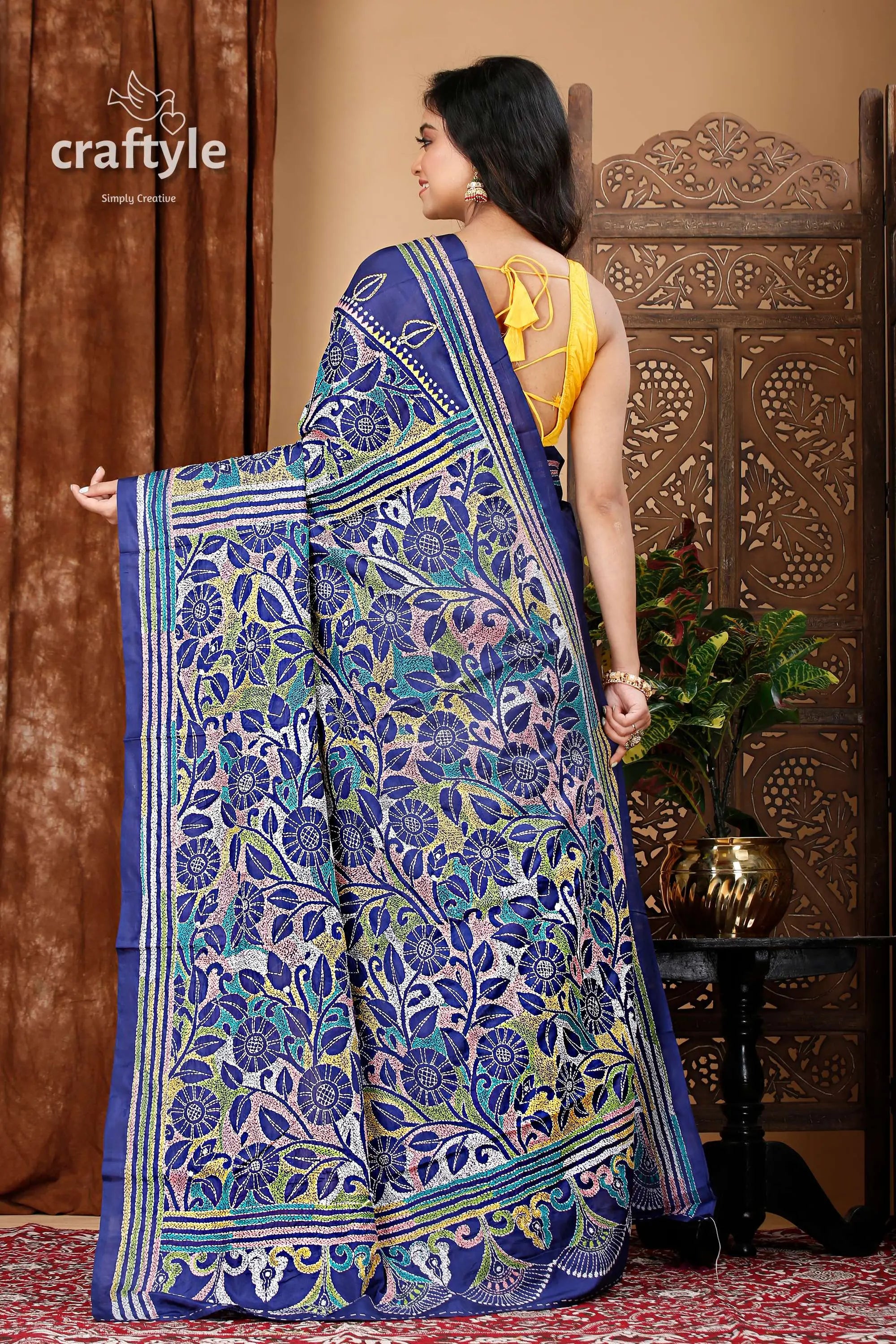Deep sapphire blue silk kantha work saree - reverse stitch blue floral-patterned saree 5