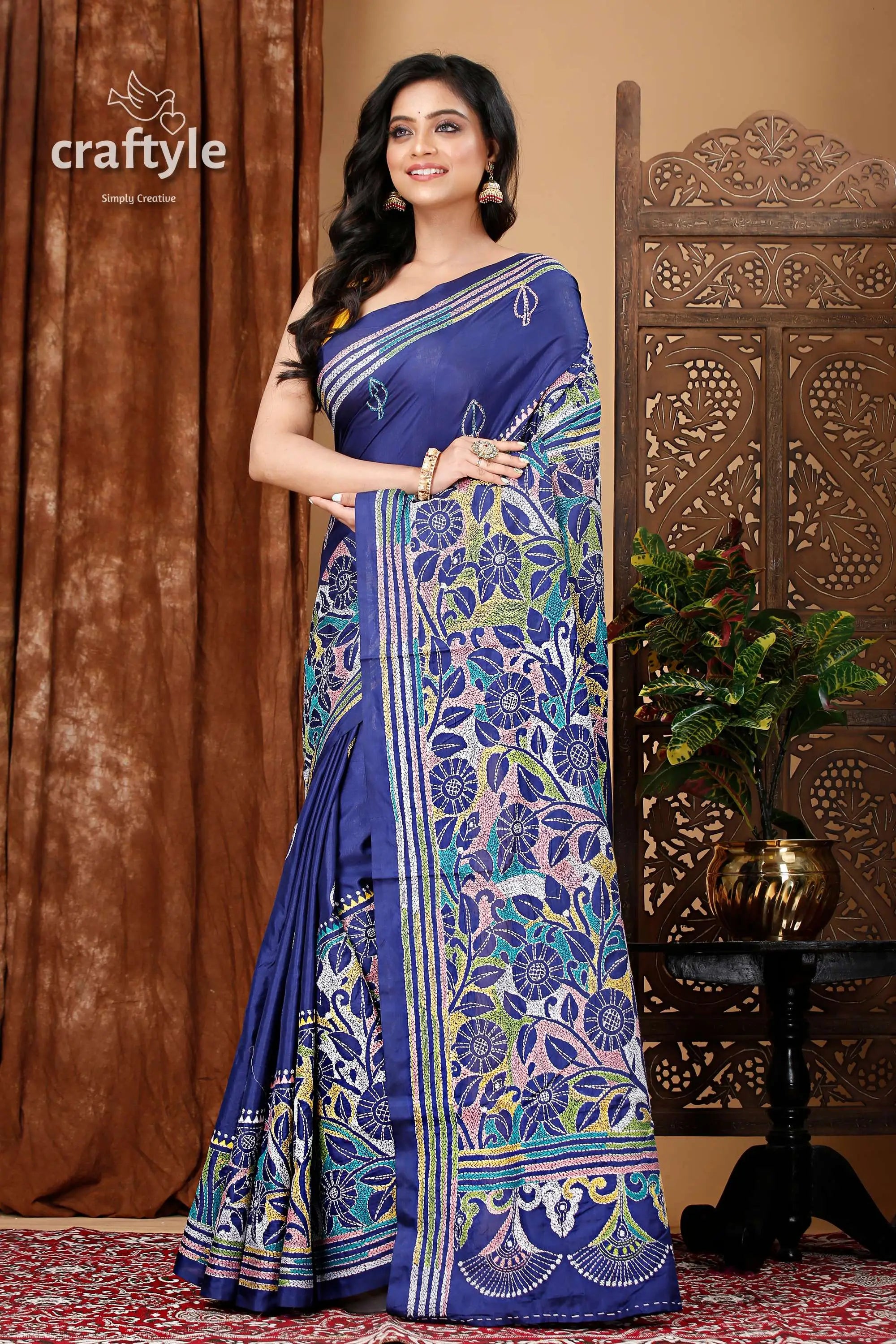 Deep sapphire blue silk kantha work saree - reverse stitch blue floral-patterned saree 3