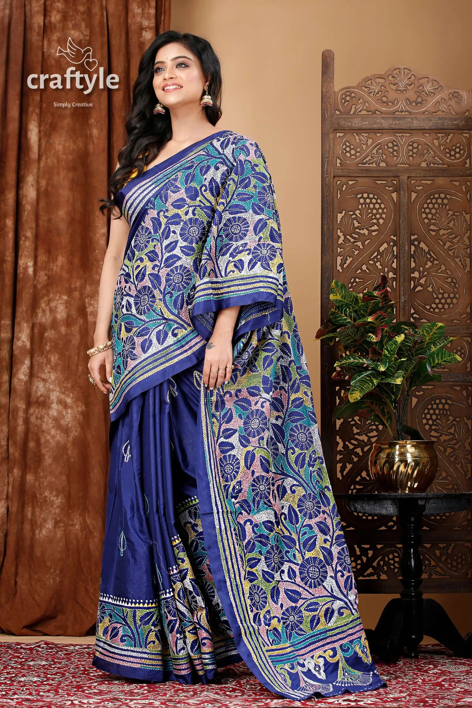 Deep sapphire blue silk kantha work saree - reverse stitch blue floral patterned saree 4