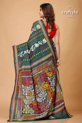 Deep sea green multicolor bengali silk kantha saree green floral patterned saree 5
