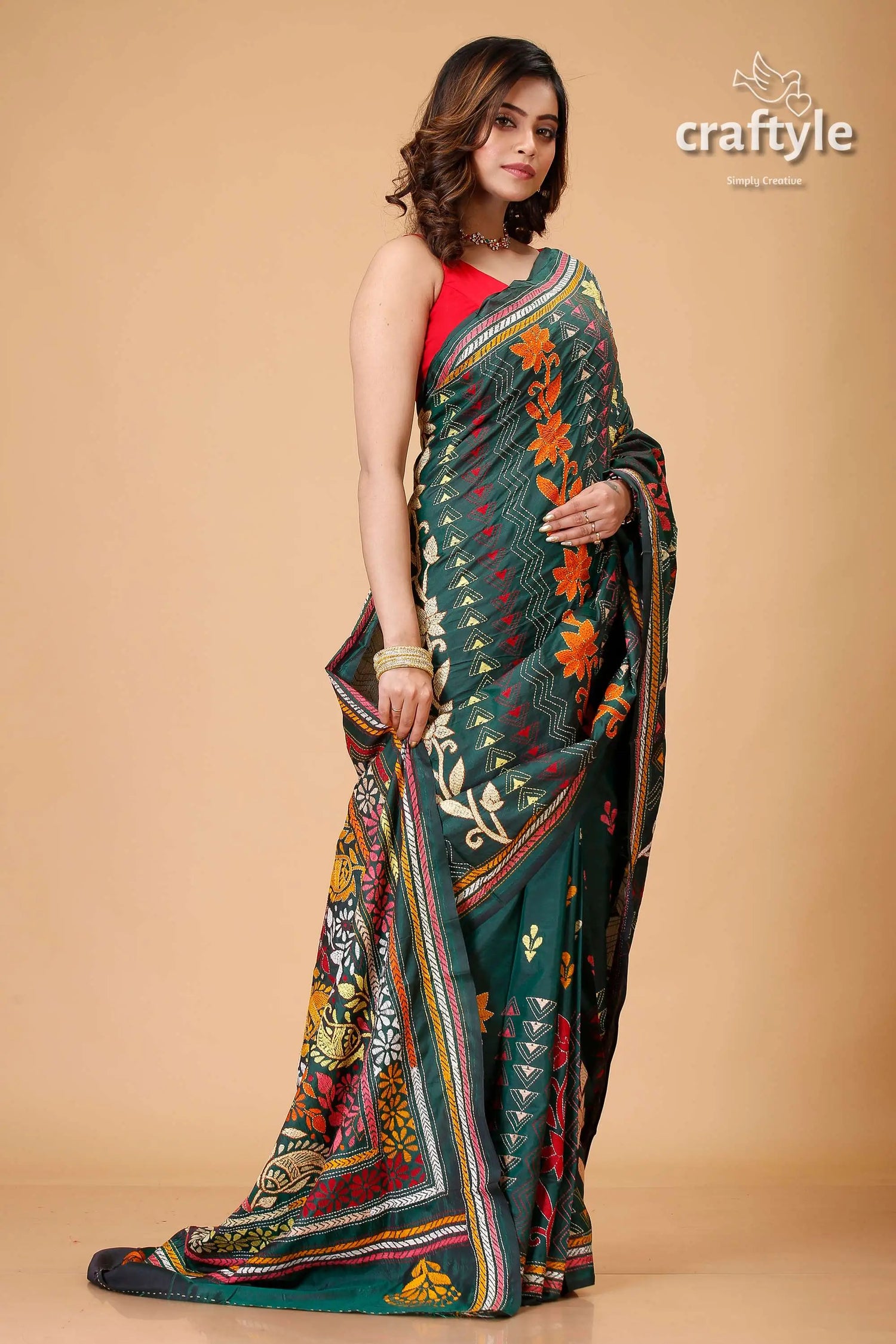 Deep sea green multicolor bengali silk kantha saree green floral patterned saree 4