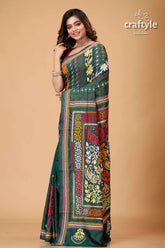 Deep sea green multicolor bengali silk kantha saree woman patterned green saree 3
