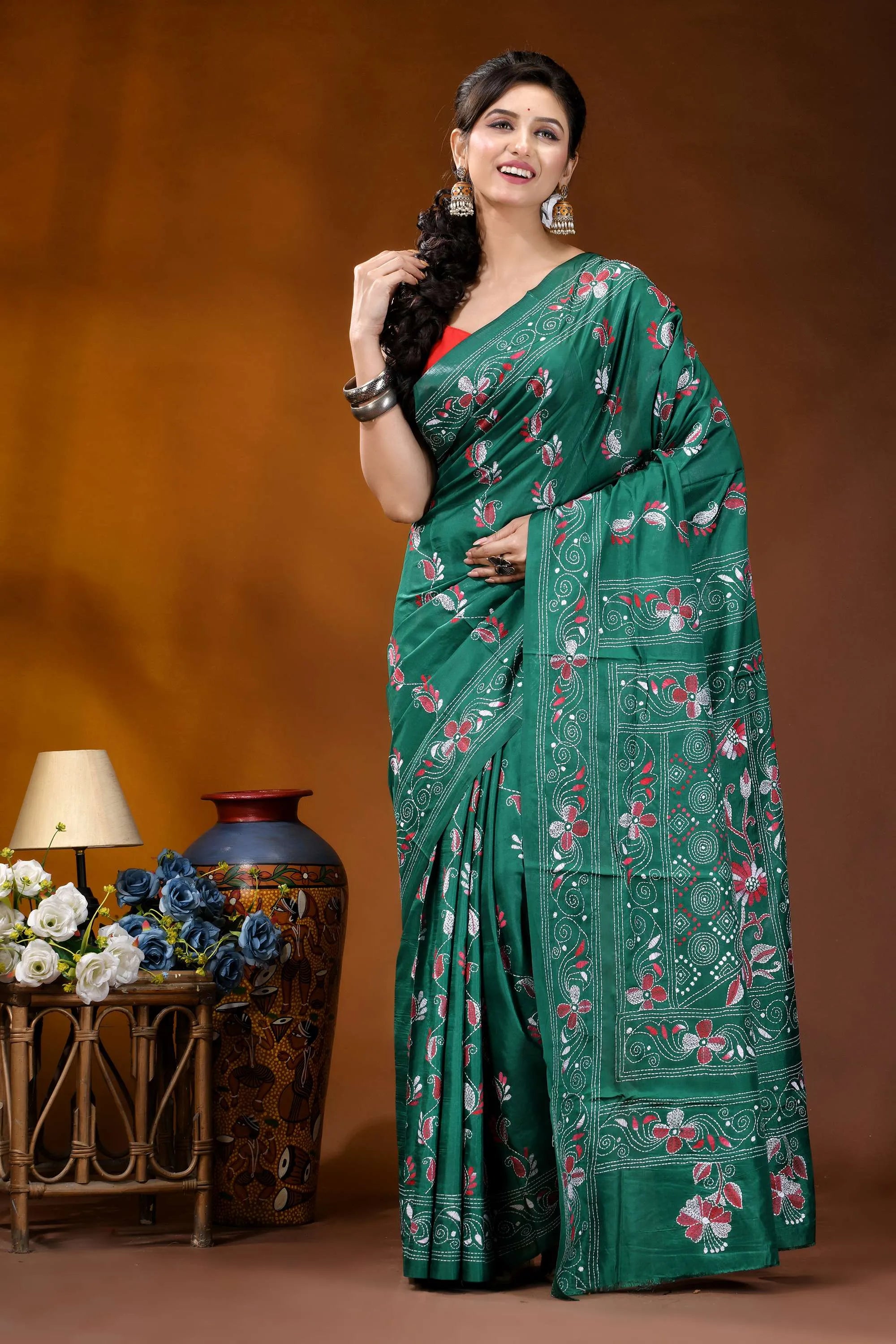 Deep sea green silk kantha stitch saree - hand embroidered floral design vibrant green silk saree adorned 6