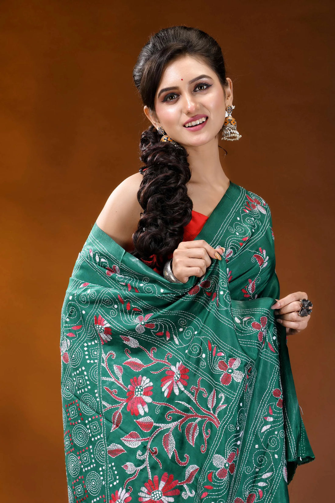 Deep sea green silk kantha stitch saree - hand embroidered floral design emerald green saree intricate red 2