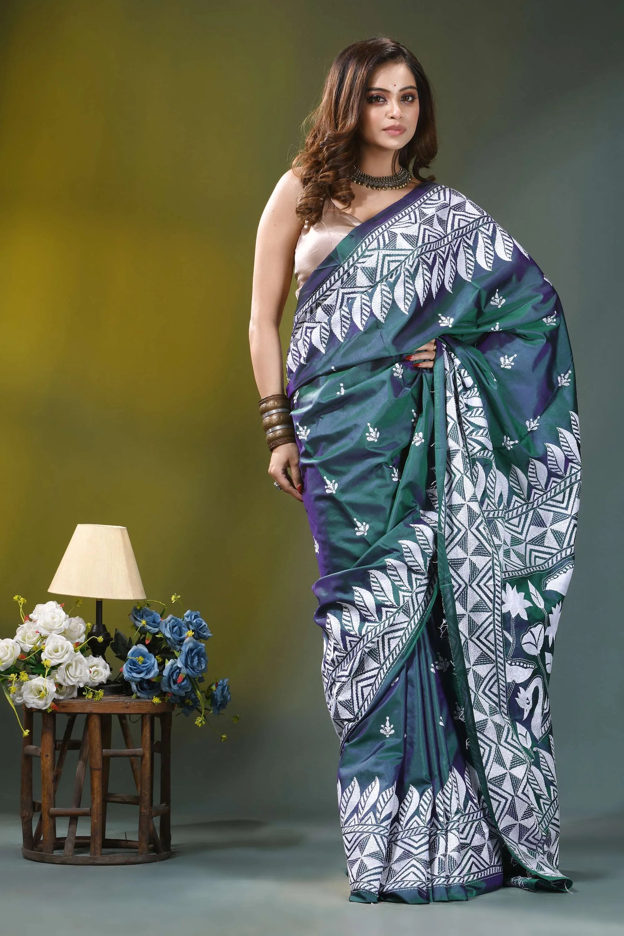 Deep teal swan design kantha embroidery silk saree woman wears teal navy blue 6