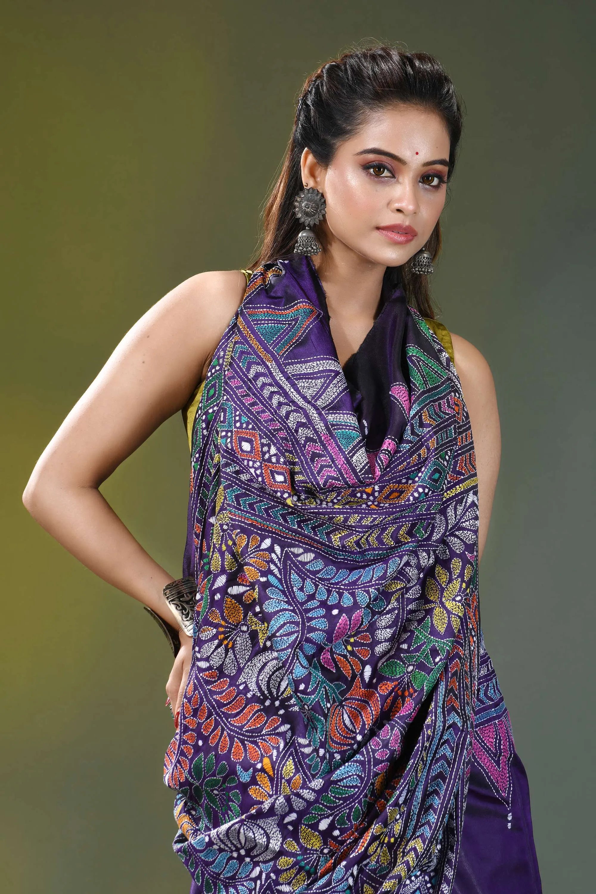 Deep violet ethnic hand embroidery kantha silk saree vibrant purple saree intricate multicolored 2