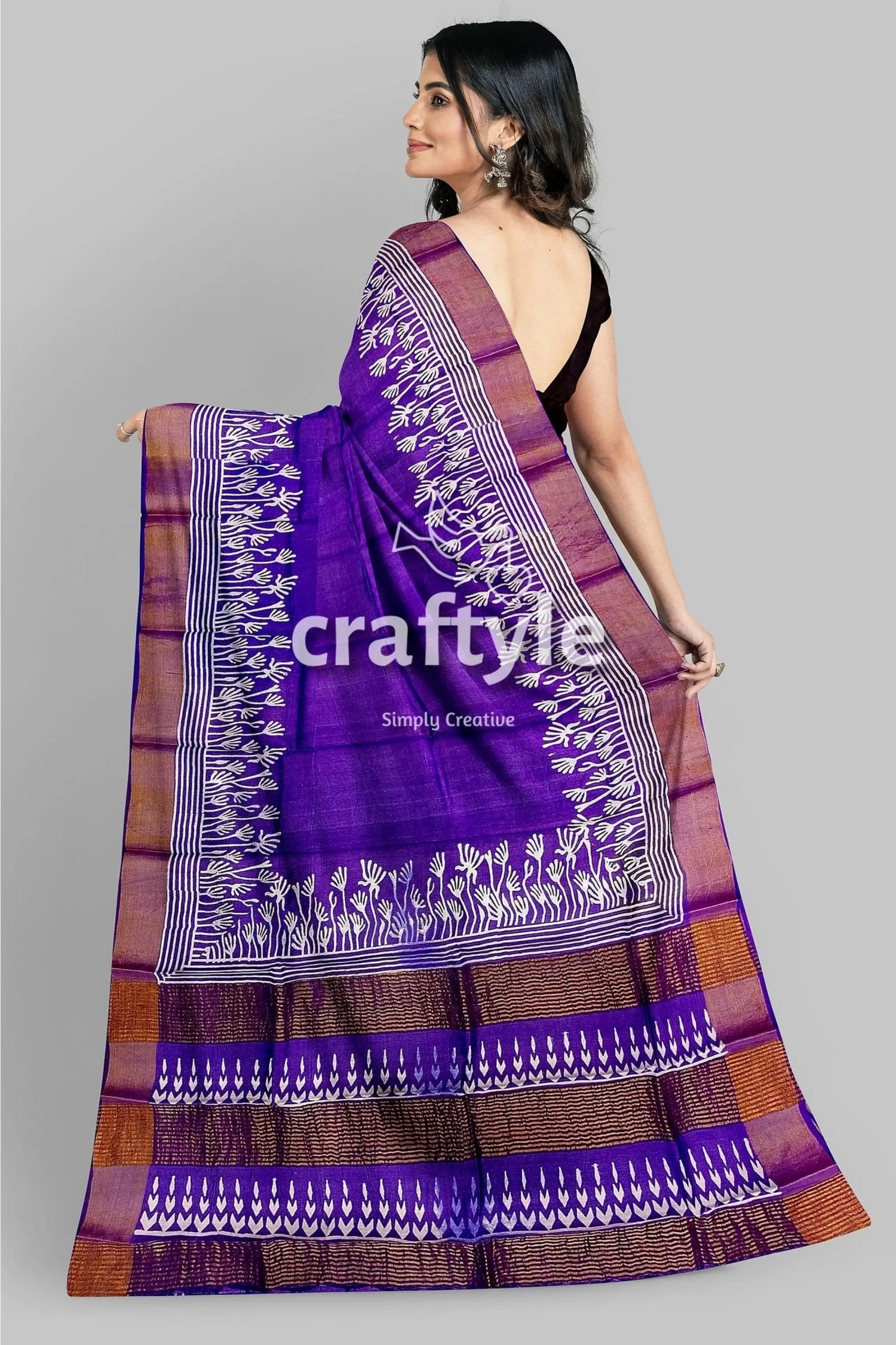 Deep violet floral motif pure tussar saree with hand block print zari border purple brown patterned saree 6