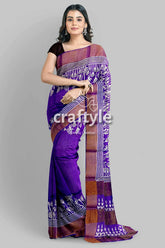 Deep violet floral motif pure tussar saree with hand block print zari border purple brown patterned saree 2