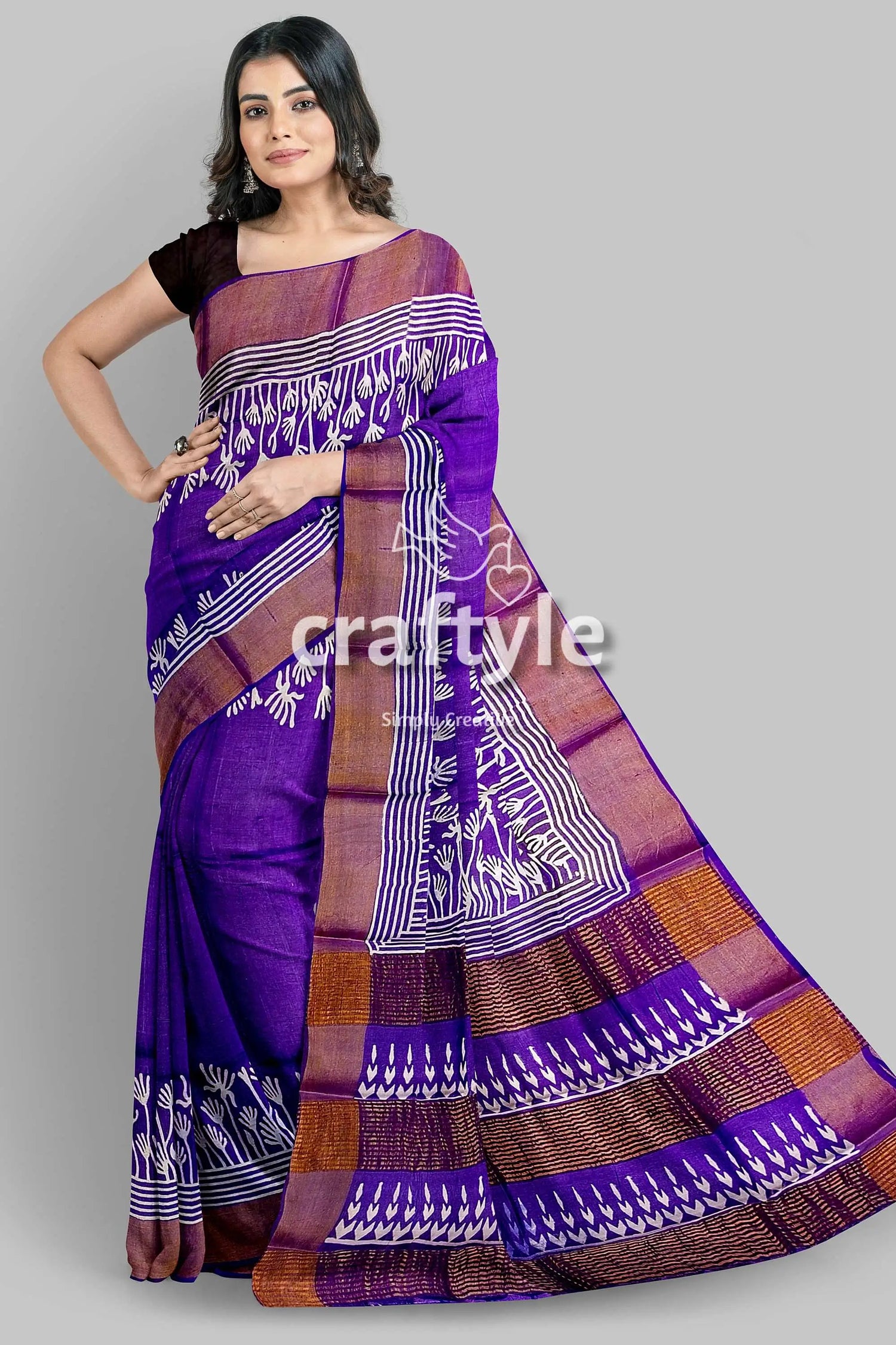 Deep violet floral motif pure tussar saree with hand block print zari border purple white patterned saree 1