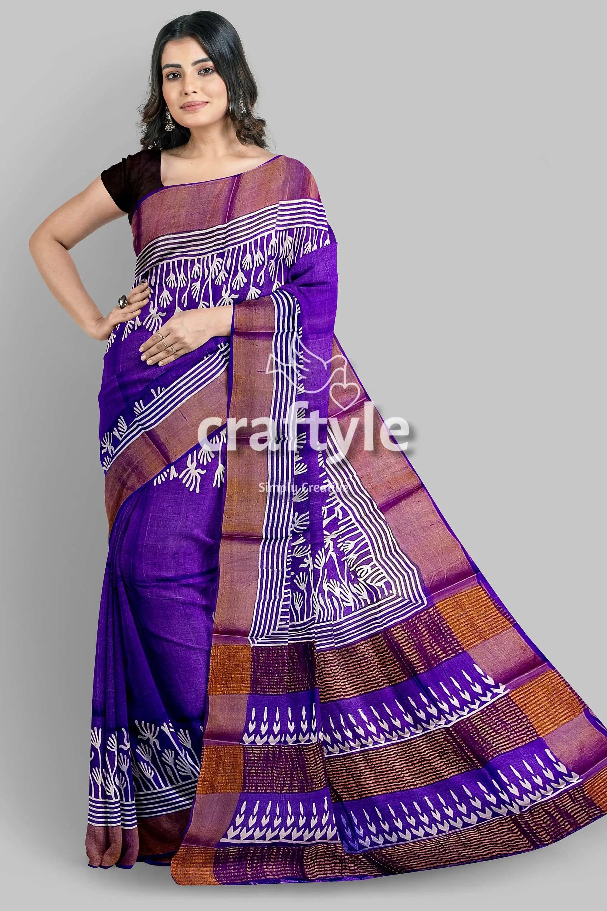 Deep violet floral motif pure tussar saree with hand block print zari border purple white patterned saree 1