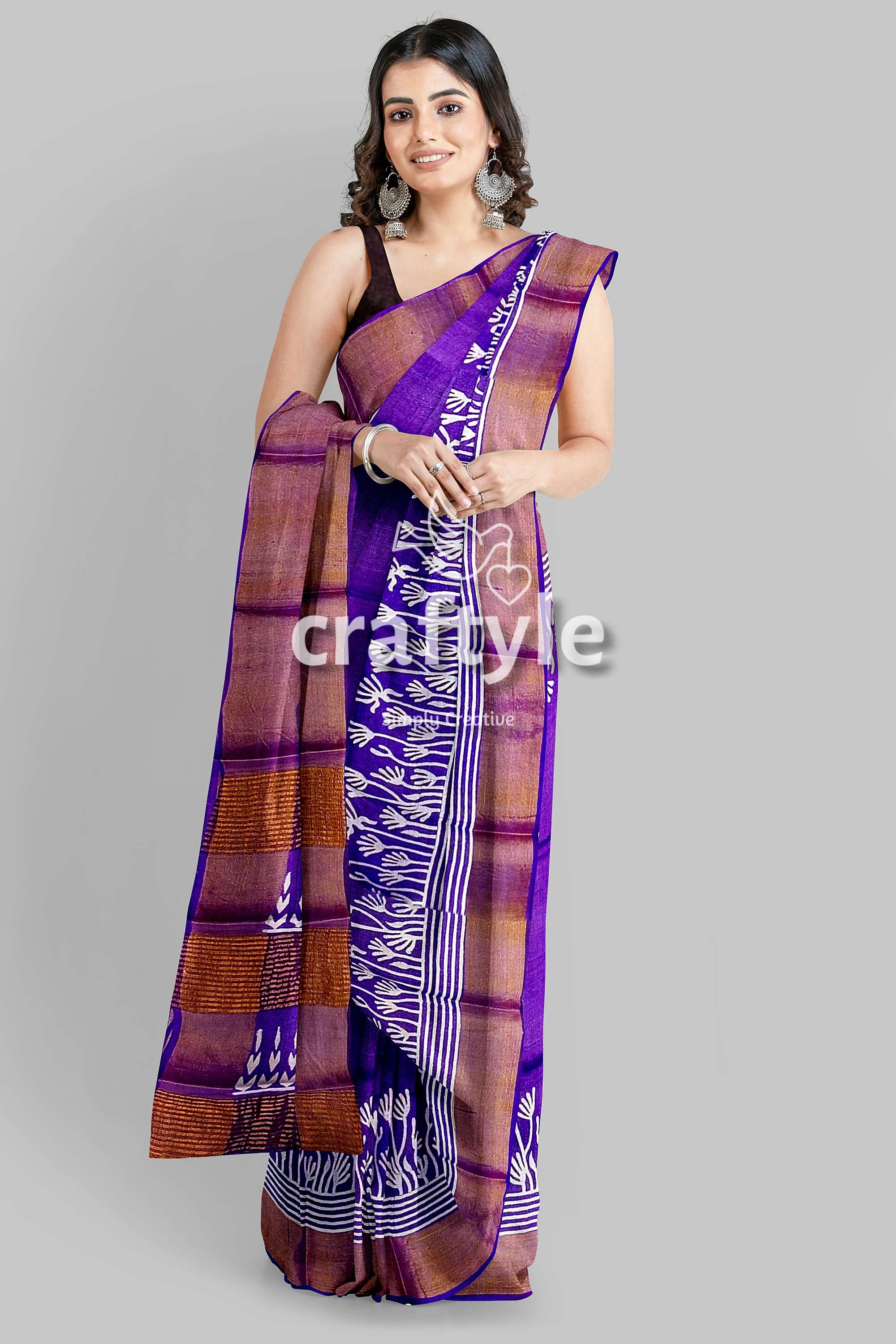 Deep Violet Floral Motif Pure Tussar Saree with Hand Block Print Zari Border - Craftyle