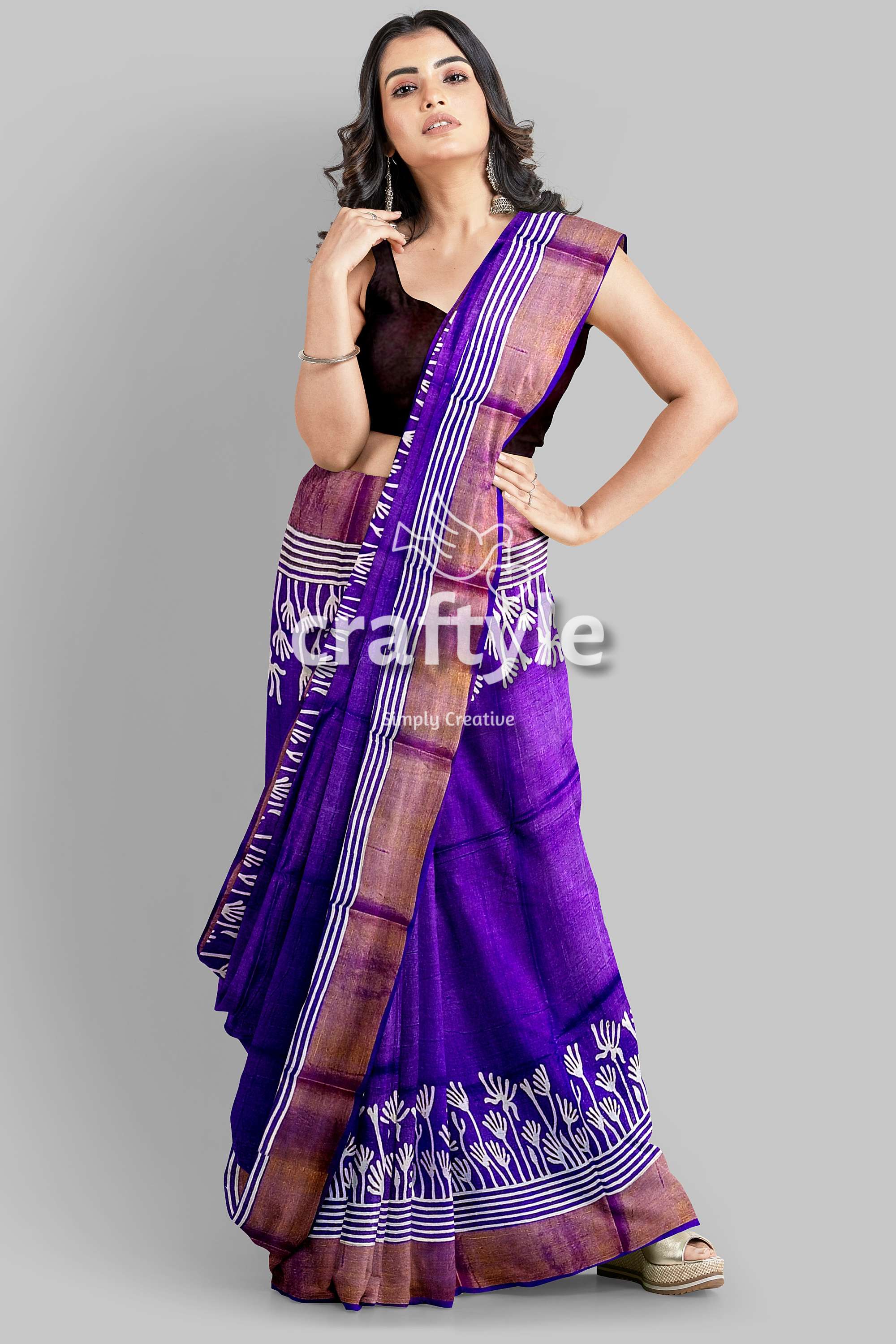 Deep Violet Floral Motif Pure Tussar Saree with Hand Block Print Zari Border - Craftyle