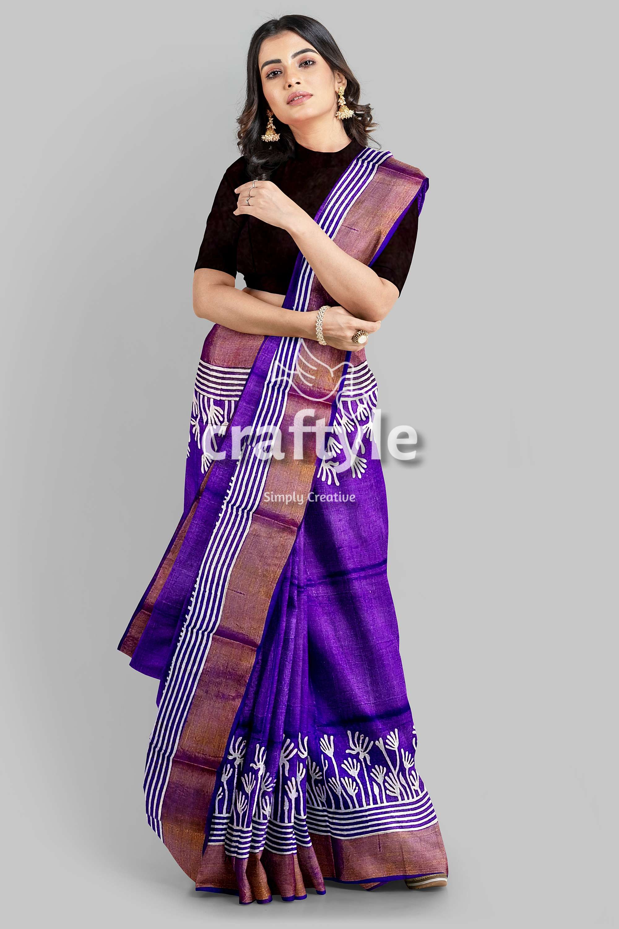Deep Violet Floral Motif Pure Tussar Saree with Hand Block Print Zari Border - Craftyle