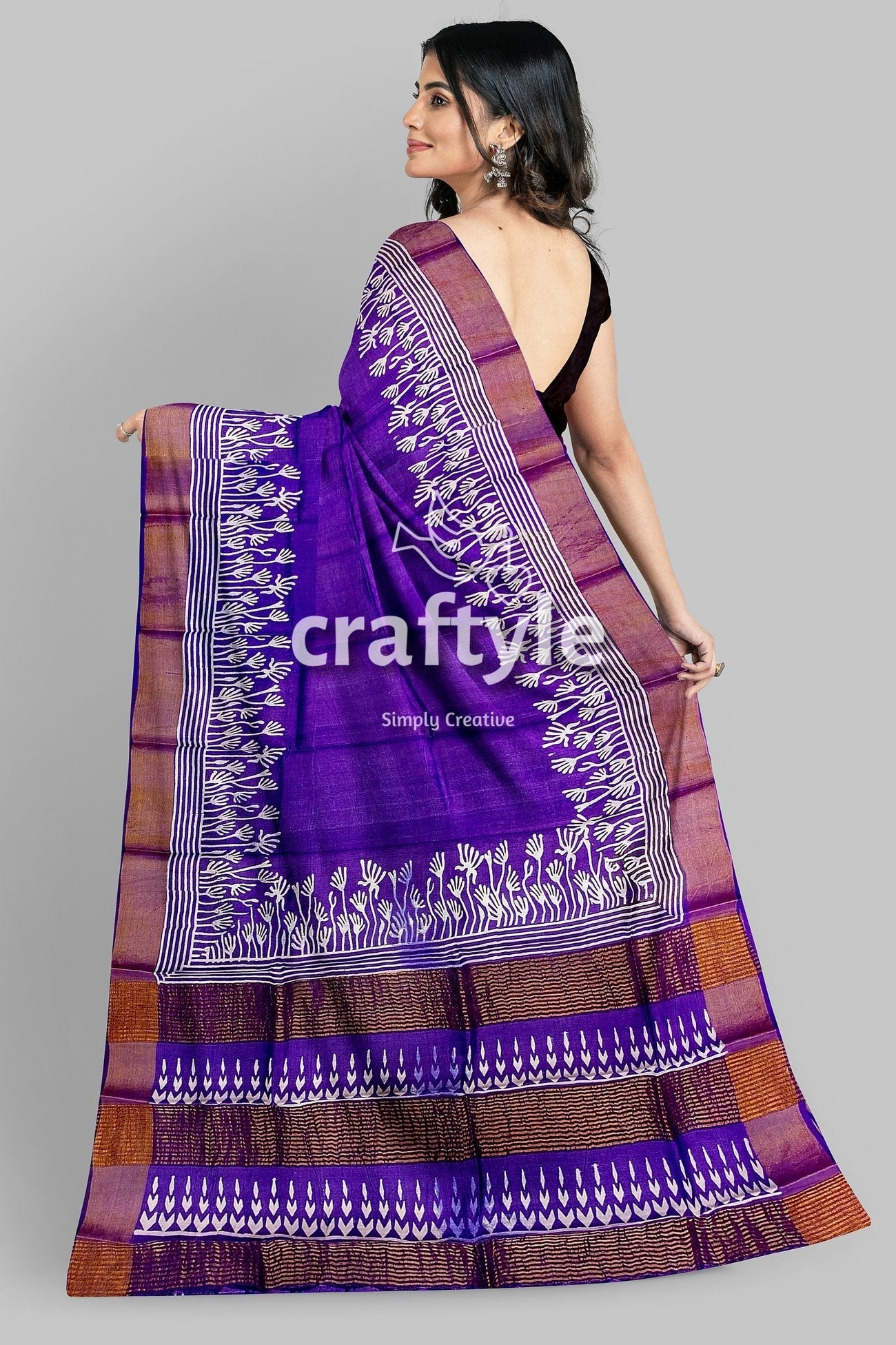 Deep Violet Floral Motif Pure Tussar Saree with Hand Block Print Zari Border - Craftyle