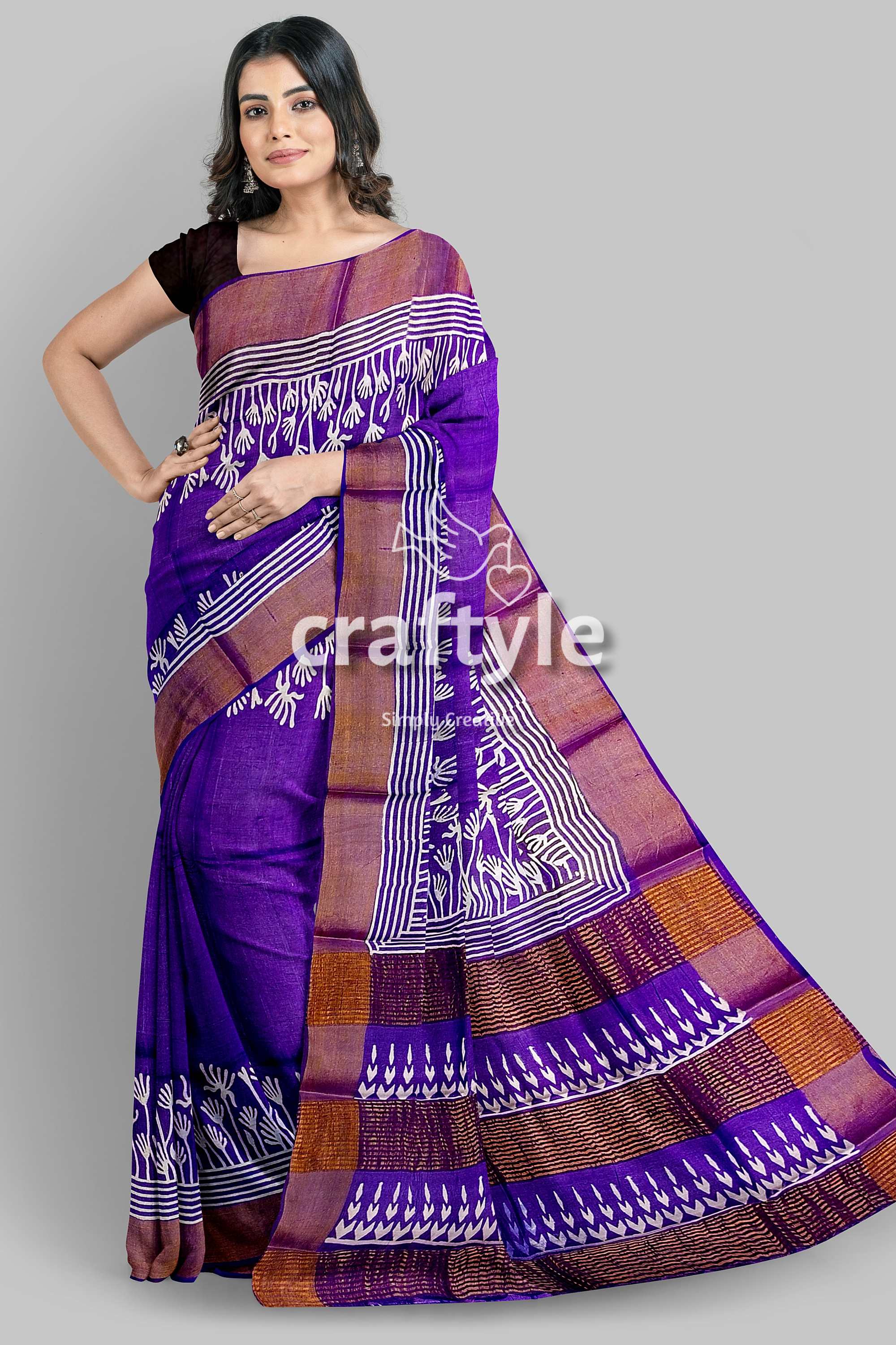 Deep Violet Floral Motif Pure Tussar Saree with Hand Block Print Zari Border - Craftyle