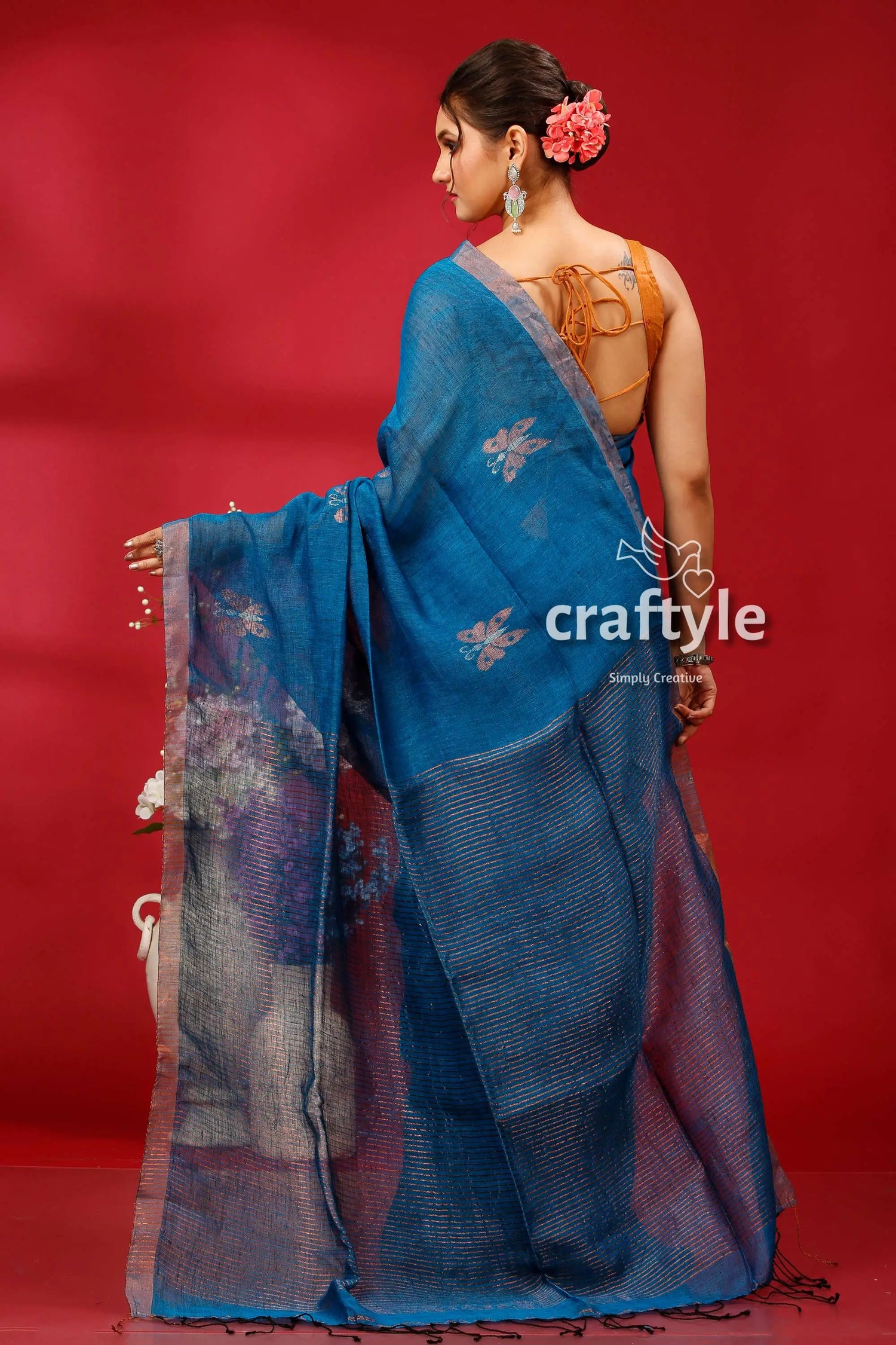 Denim blue copper zari intricate linen jamdani saree blue saree floral accents 5
