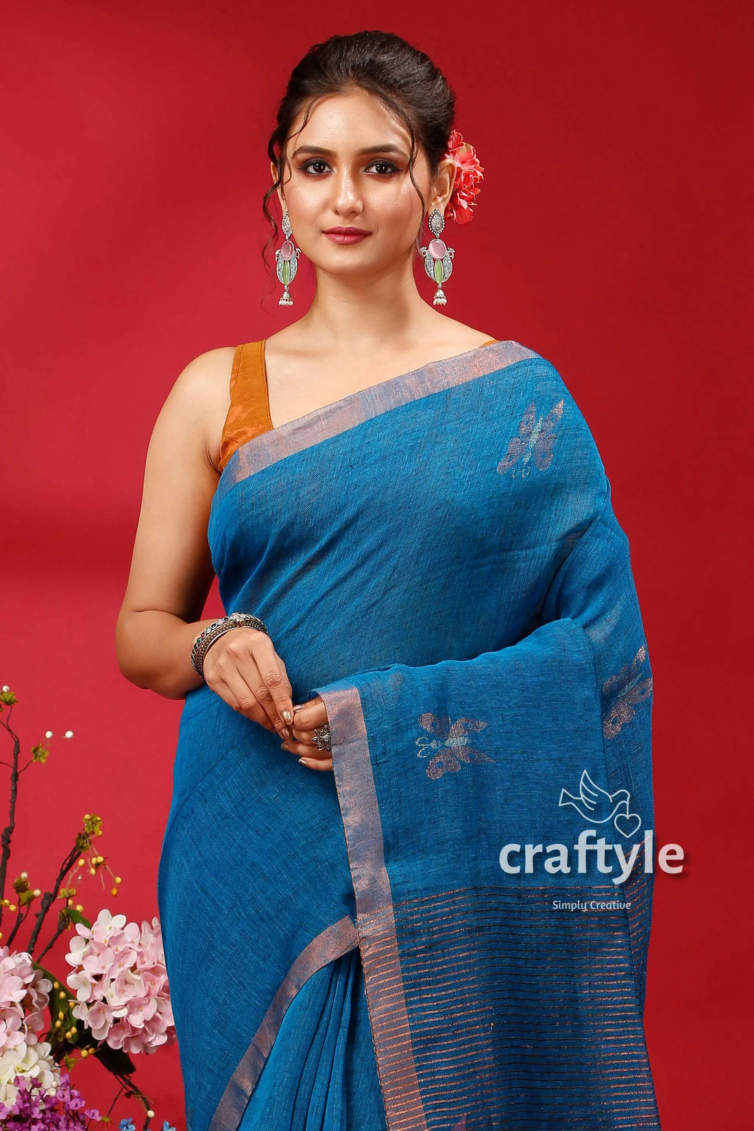 Denim blue copper zari intricate linen jamdani saree silver border 2