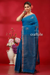 Denim blue copper zari intricate linen jamdani saree blue saree floral embroidery 3