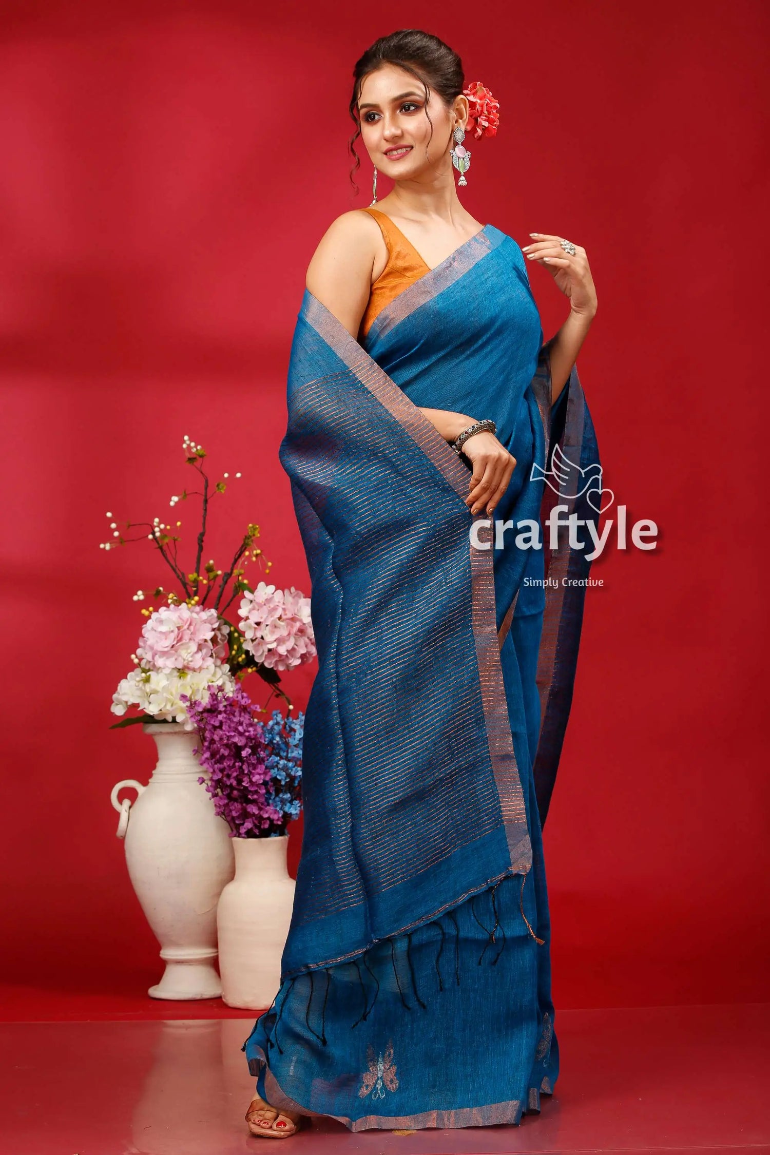 Denim blue copper zari intricate linen jamdani saree woman blue saree 4