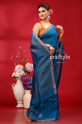 Denim blue copper zari intricate linen jamdani saree woman blue saree 4