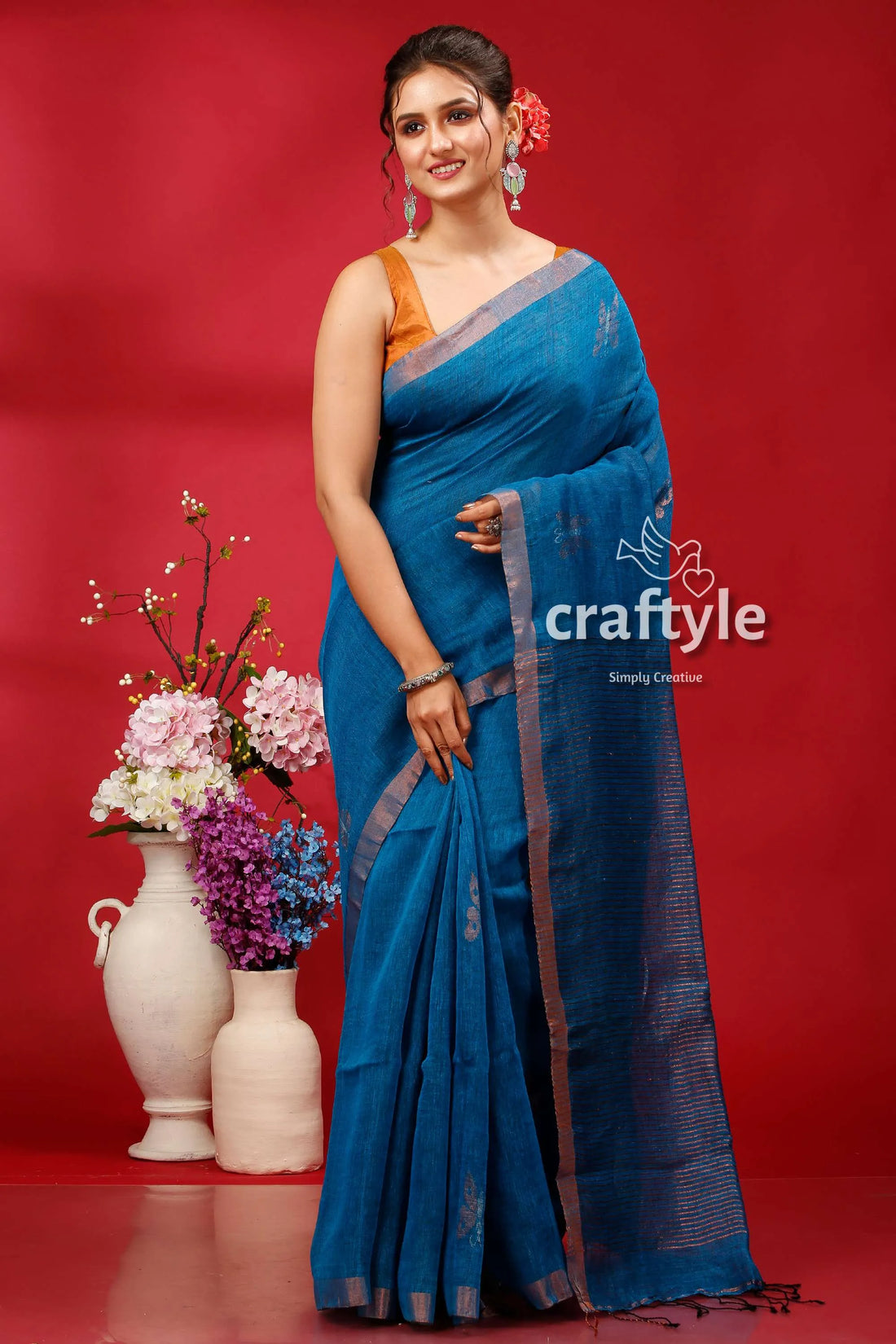 Denim blue copper zari intricate linen jamdani saree woman 1