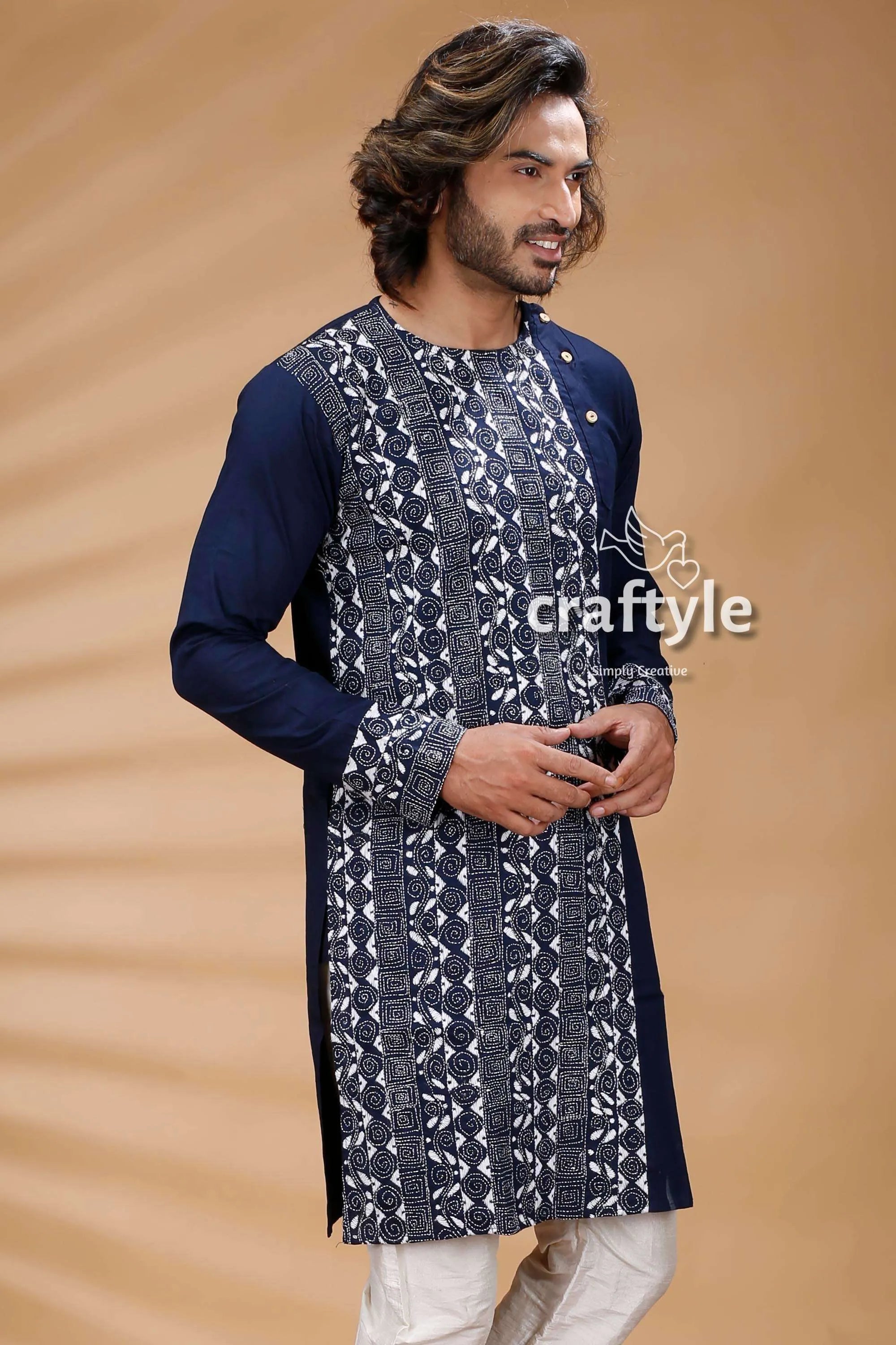 Denim blue hand embroidered kantha stitch mens kurta navy white patterned men’s 2
