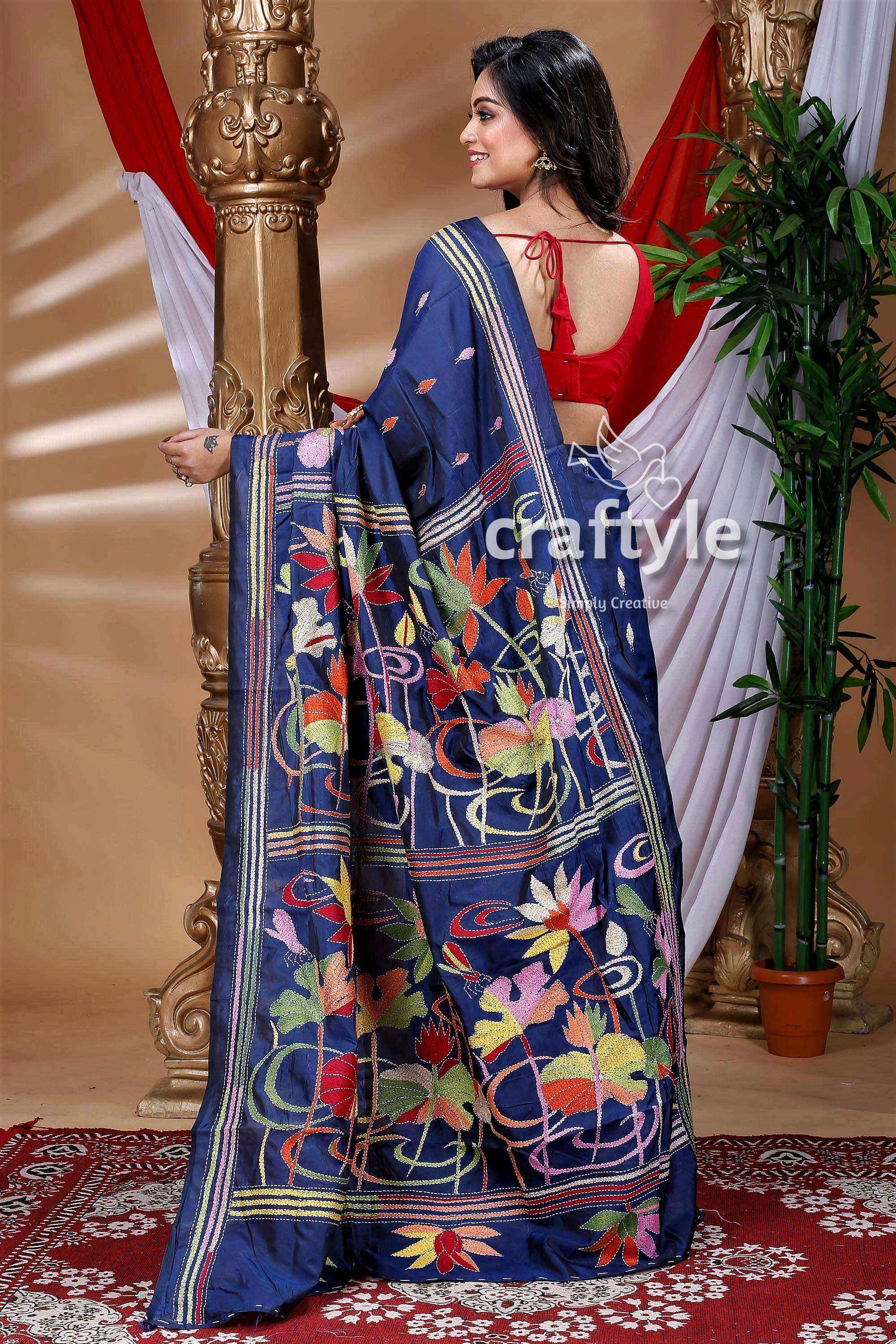 Denim Blue Hand Embroidery Silk Kantha Saree-Craftyle
