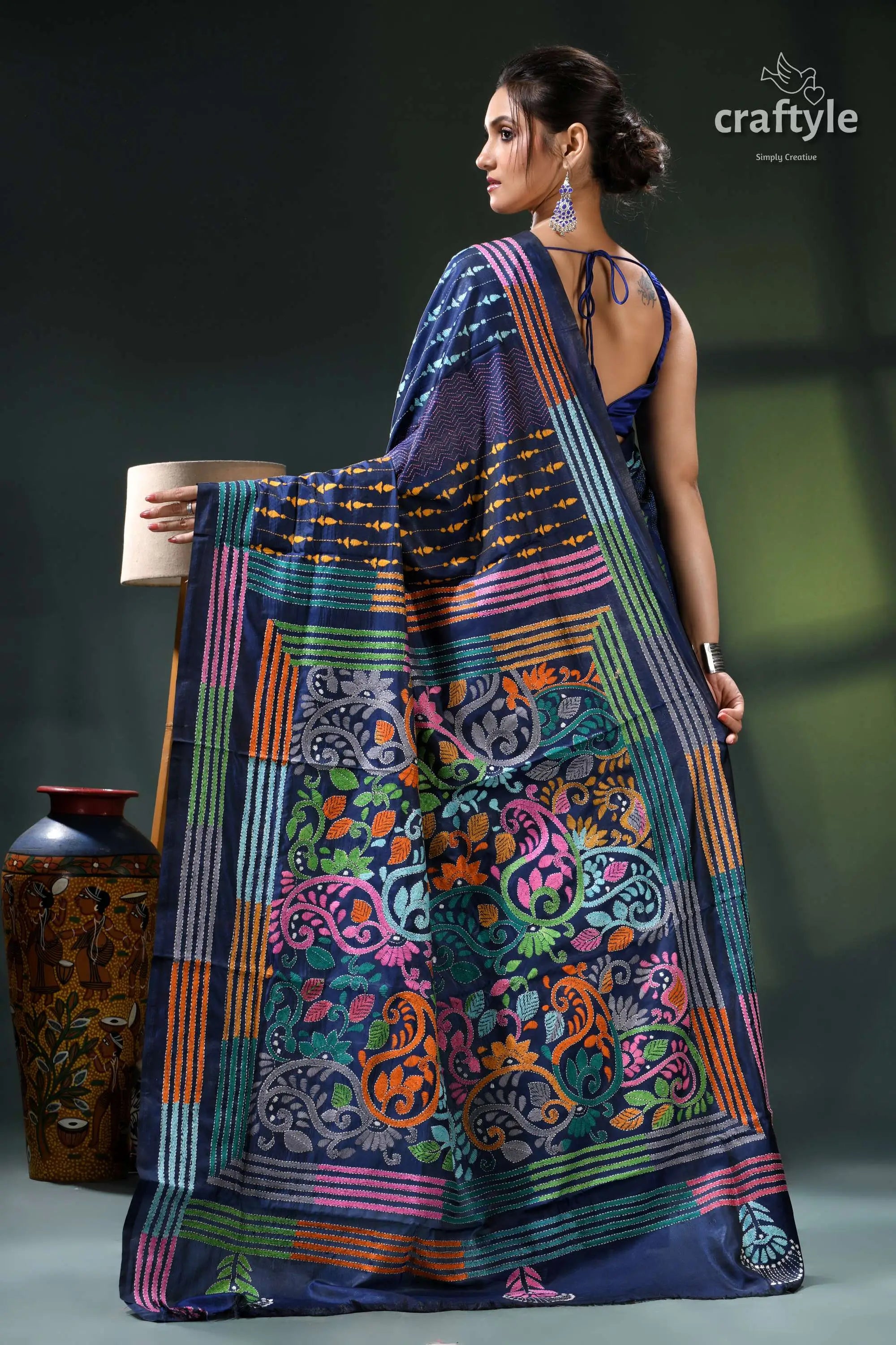 Denim blue multicolor hand embroidered silk kantha stitch saree blue green floral saree intricate 5