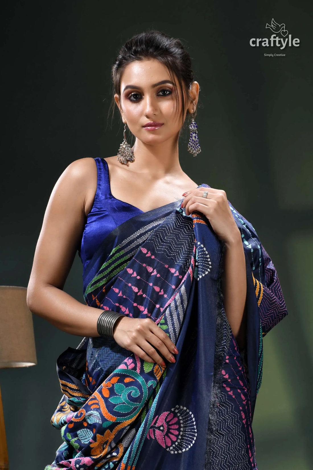 Denim blue multicolor hand embroidered silk kantha stitch saree blue sari floral pattern silver 2