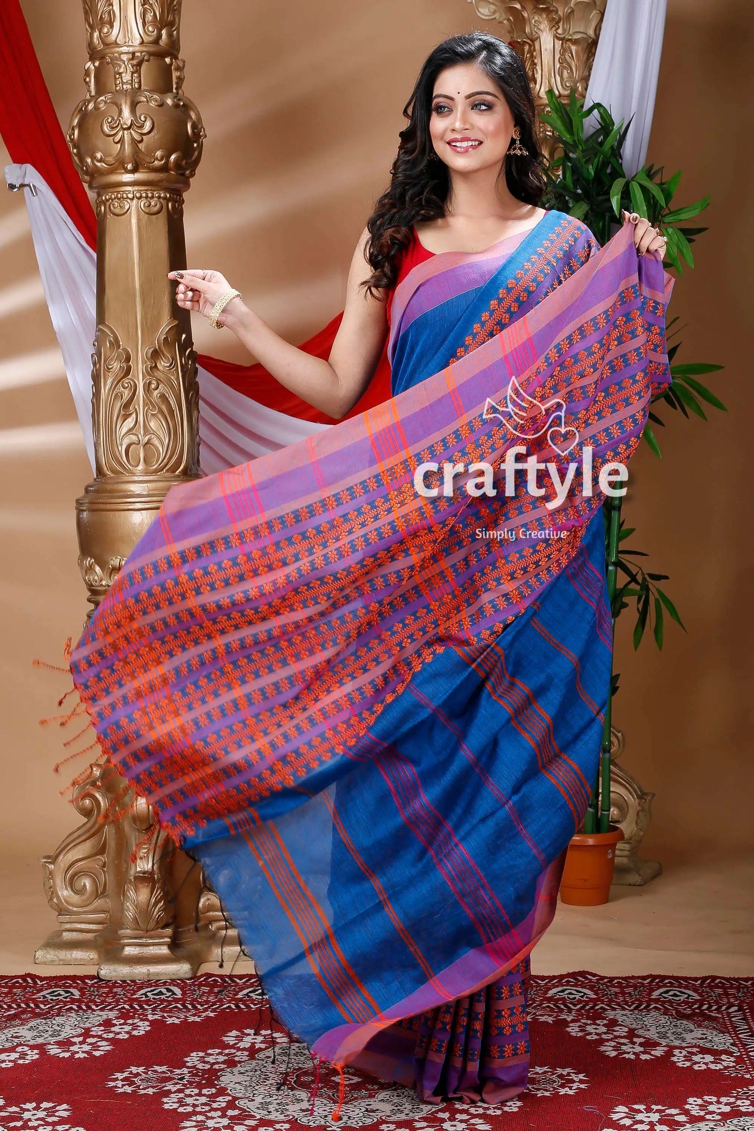 Denim blue & orange begampuri cotton saree blue patterned saree 4