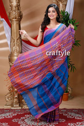 Denim blue & orange begampuri cotton saree blue patterned saree 4