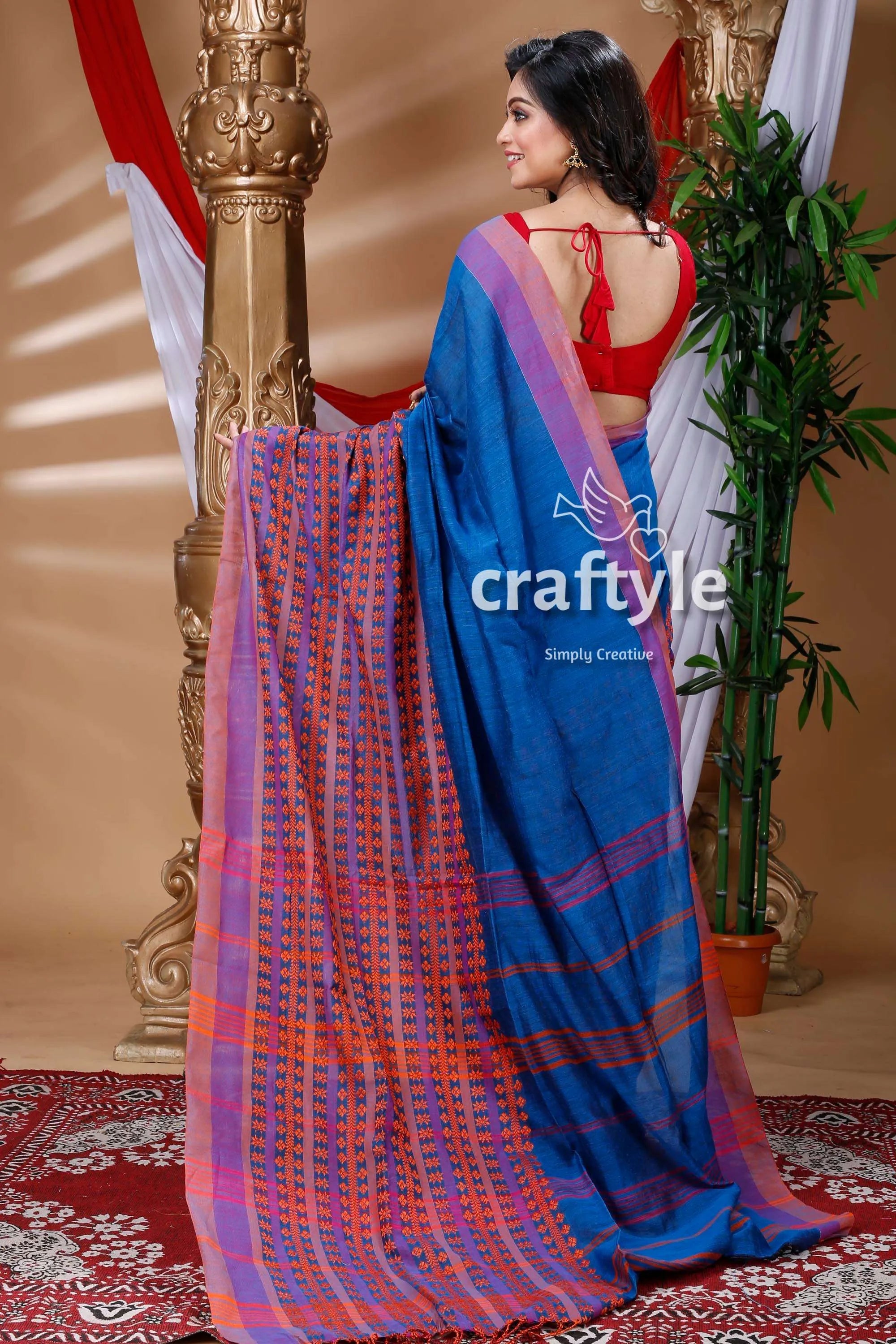 Denim blue & orange begampuri cotton saree blue patterned saree 3