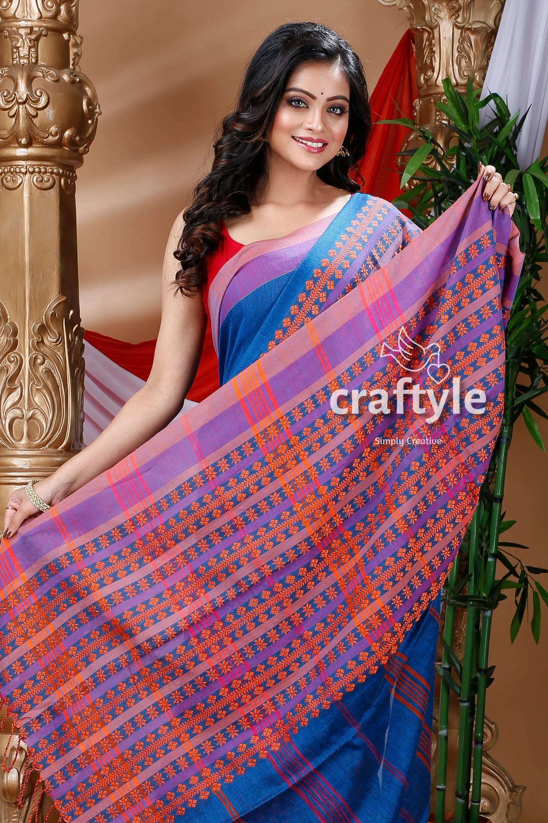 Denim blue & orange begampuri cotton saree blue purple patterned saree 2