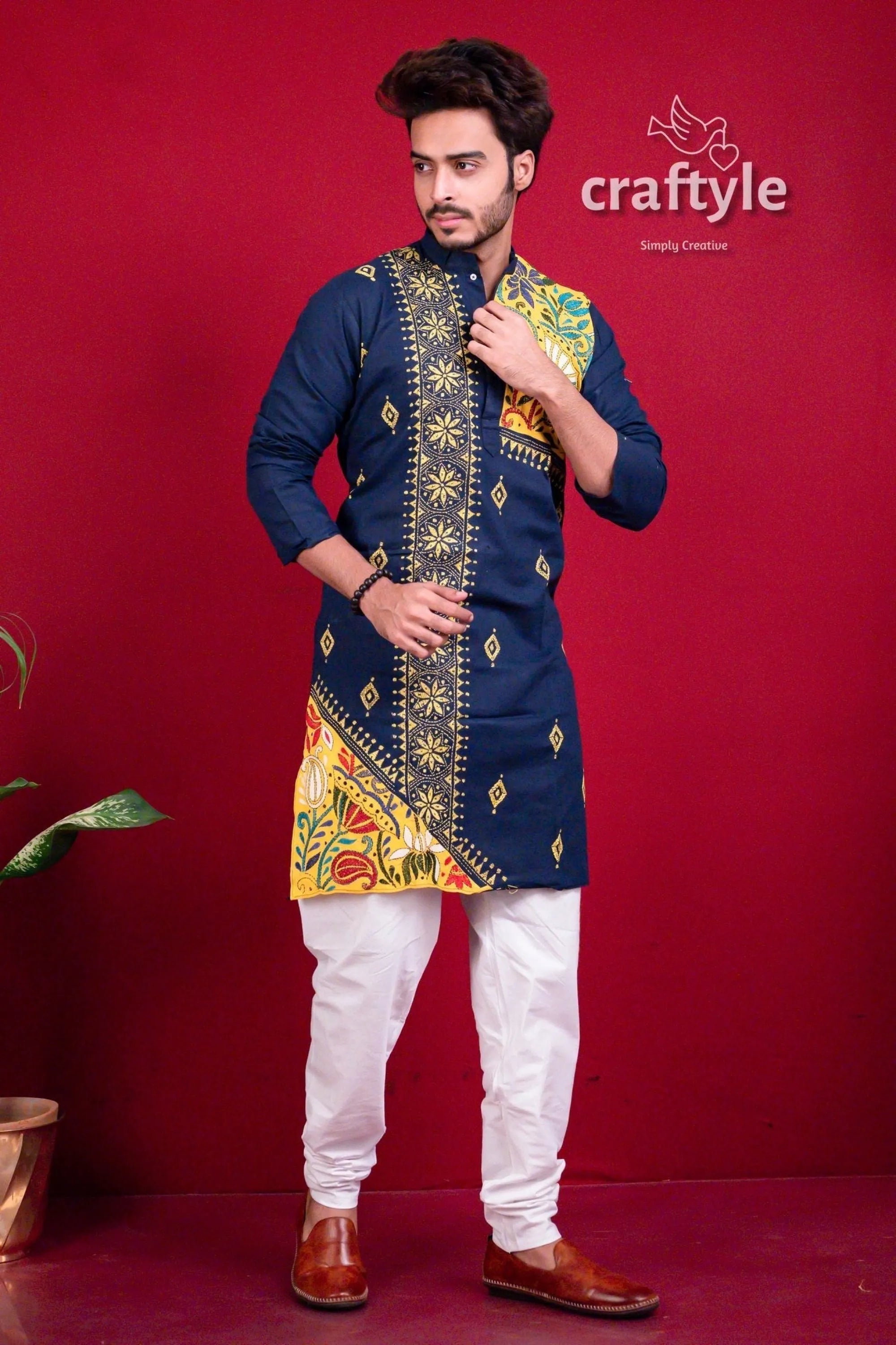Denim blue & yellow kantha work embroidered cotton mens kurta men’s navy 1