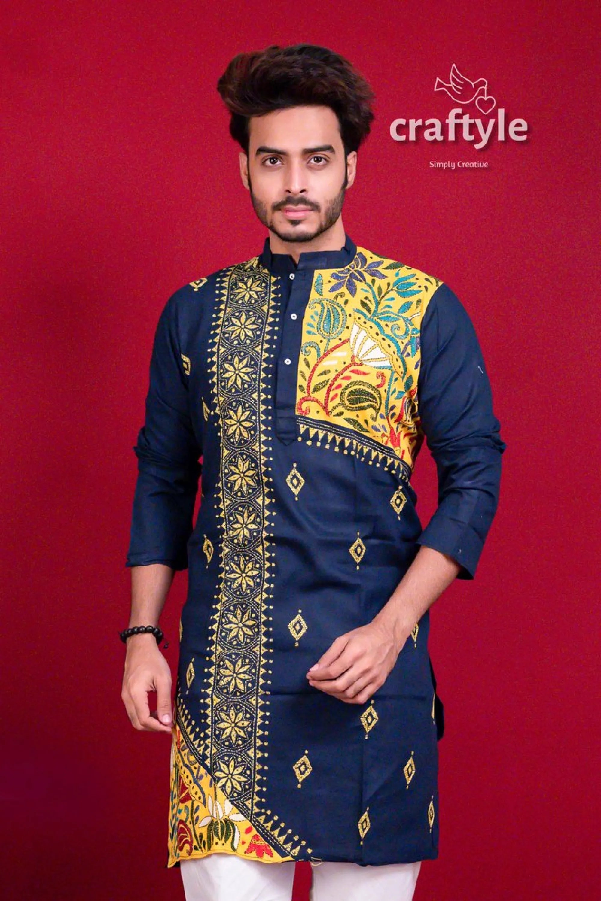 Denim blue & yellow kantha work embroidered cotton mens kurta men’s navy 2