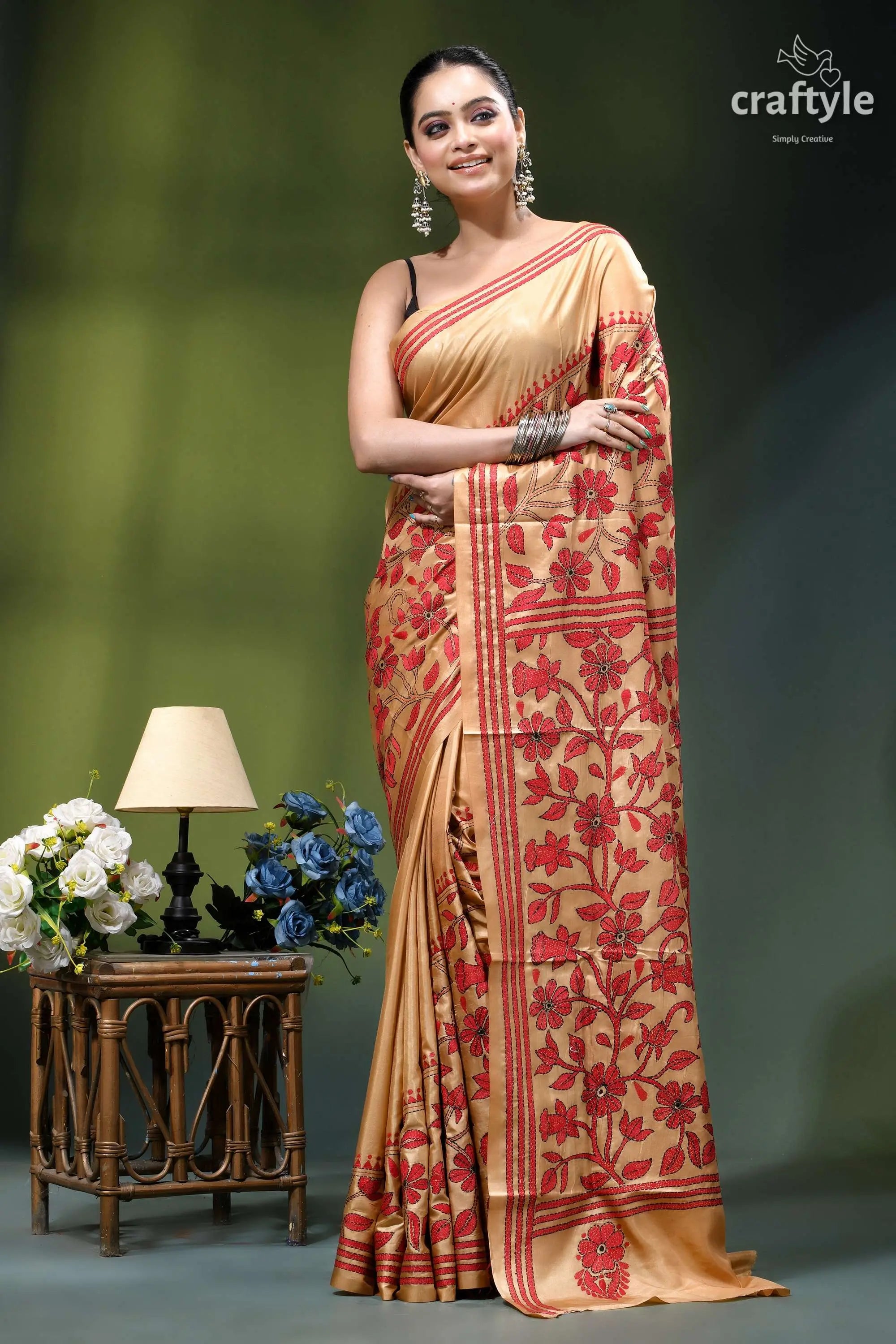 Desert sand red thread work floral silk kantha embroidery saree woman wears beige saree intricate 7