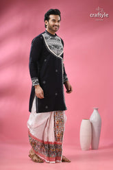 Designer cotton jamdani panjabi for men ethnic indian formal wear men’s black embroidered kurta white 4