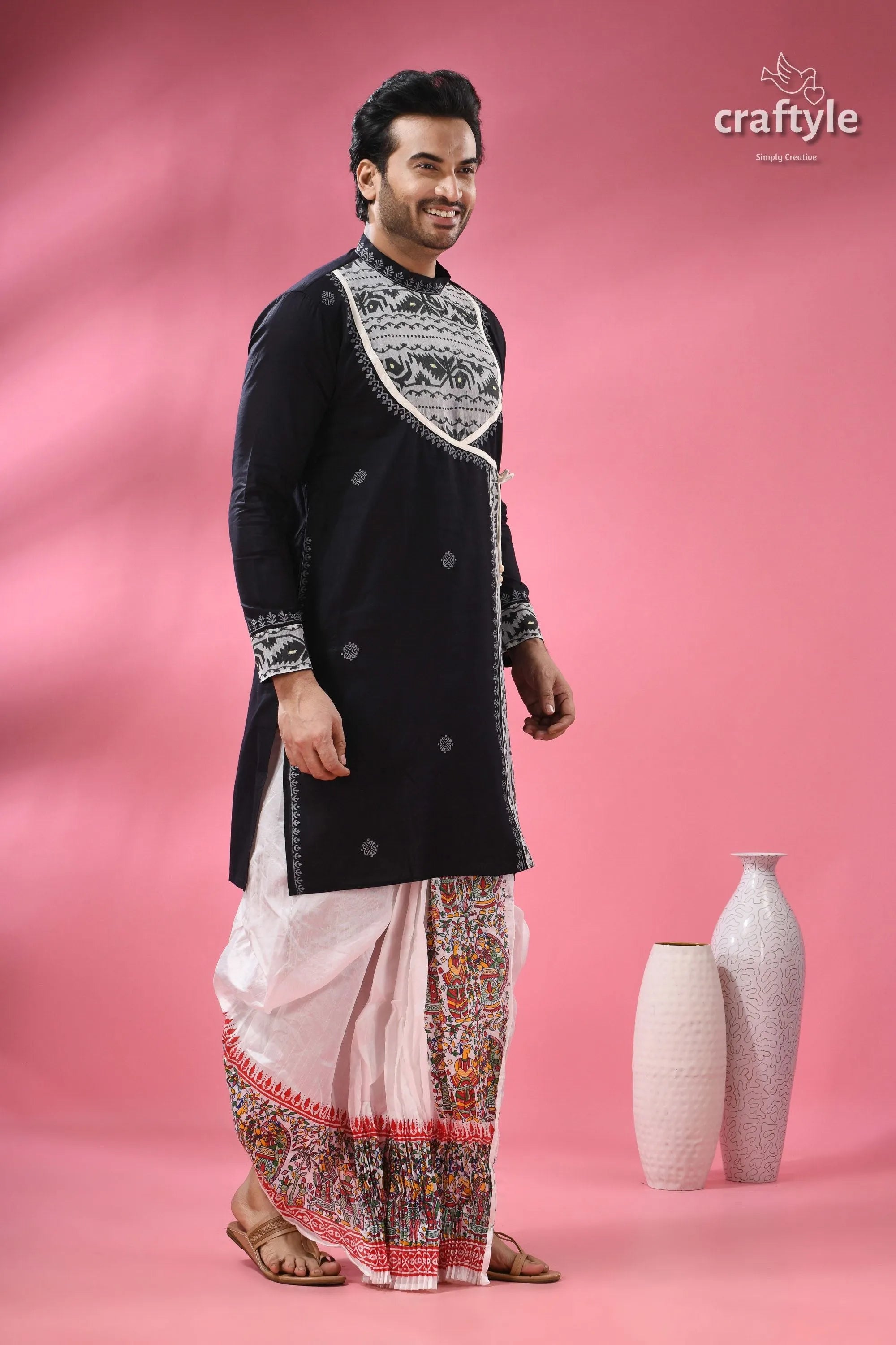 Designer cotton jamdani panjabi for men - ethnic indian formal wear men’s black embroidered kurta white 4