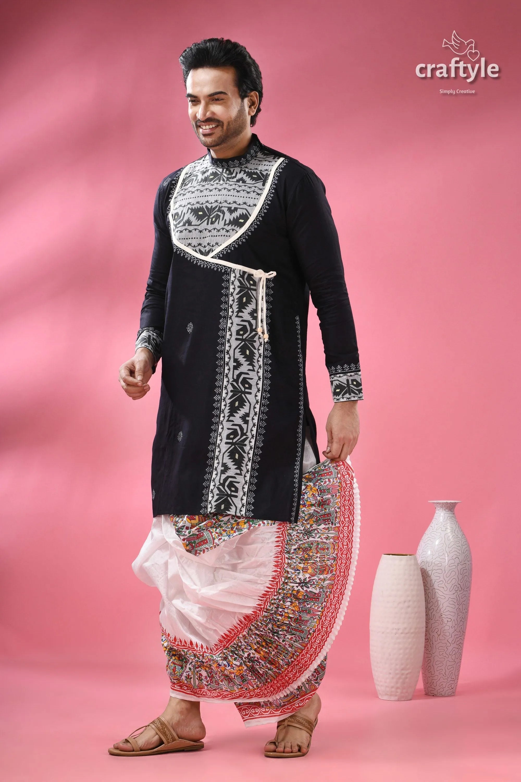 Designer cotton jamdani panjabi for men - ethnic indian formal wear men’s black embroidered kurta white 6