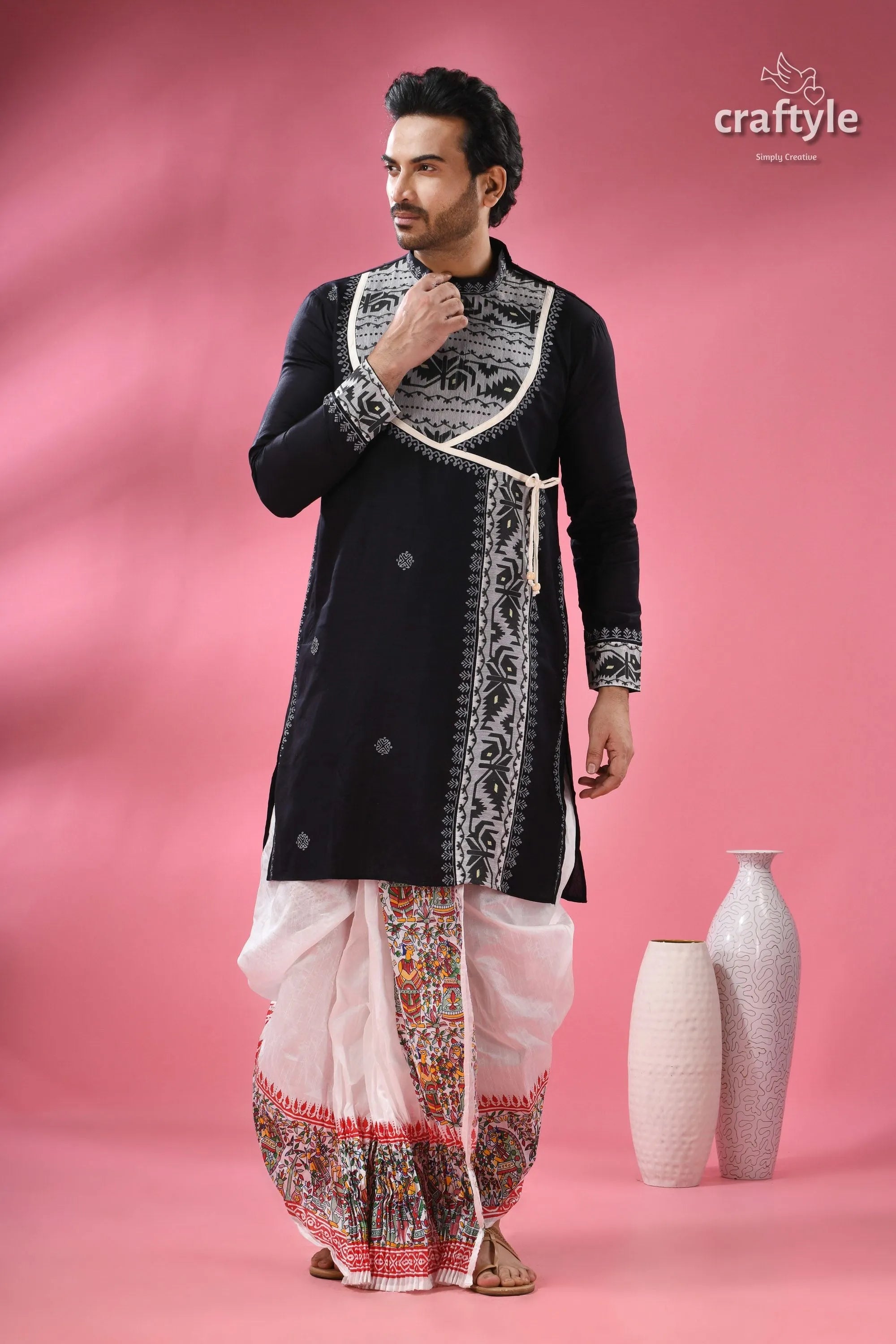 Designer cotton jamdani panjabi for men - ethnic indian formal wear men’s black kurta intricate white 3