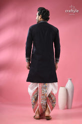 Designer cotton jamdani panjabi for men ethnic indian formal wear men’s navy blue kurta embroidered 7