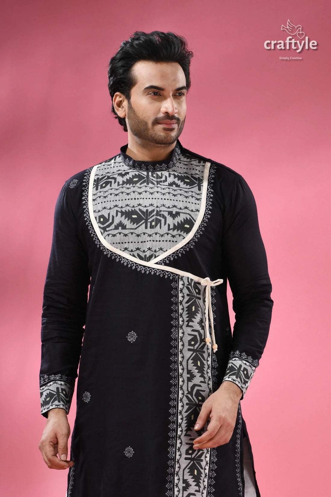 Designer cotton jamdani panjabi for men - ethnic indian formal wear men’s black angrakha style kurta 2