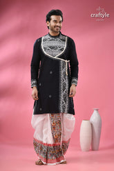 Designer cotton jamdani panjabi for men ethnic indian formal wear men’s black angarkha kurta white 5