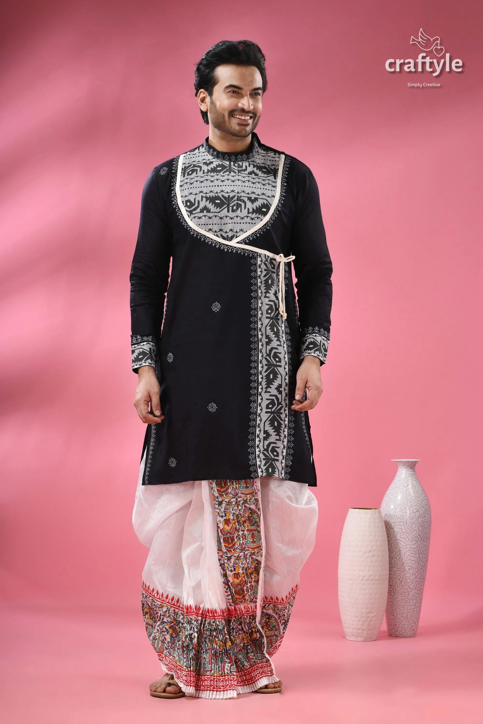 Designer cotton jamdani panjabi for men - ethnic indian formal wear men’s black angarkha kurta white 5