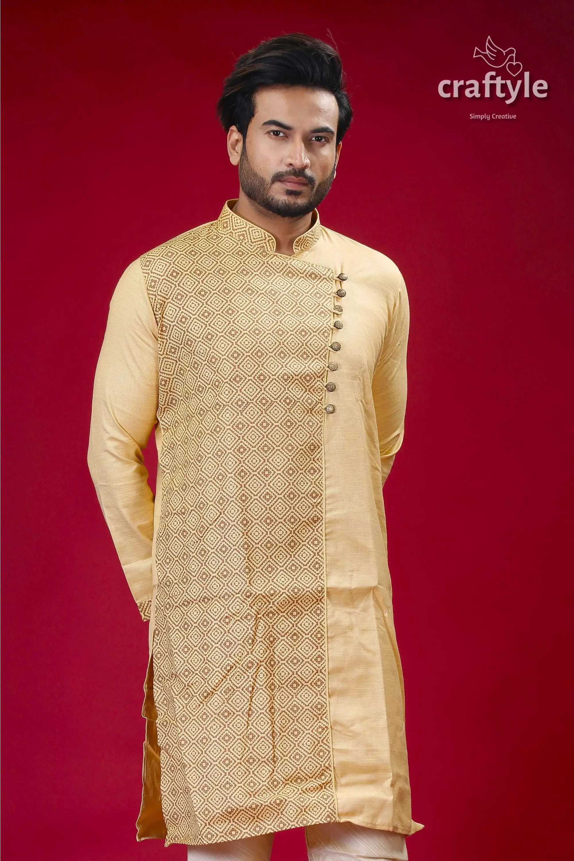 Designer cotton panjabi for men in grain brown - elegant ethnic wear men’s beige patterned kurta 2